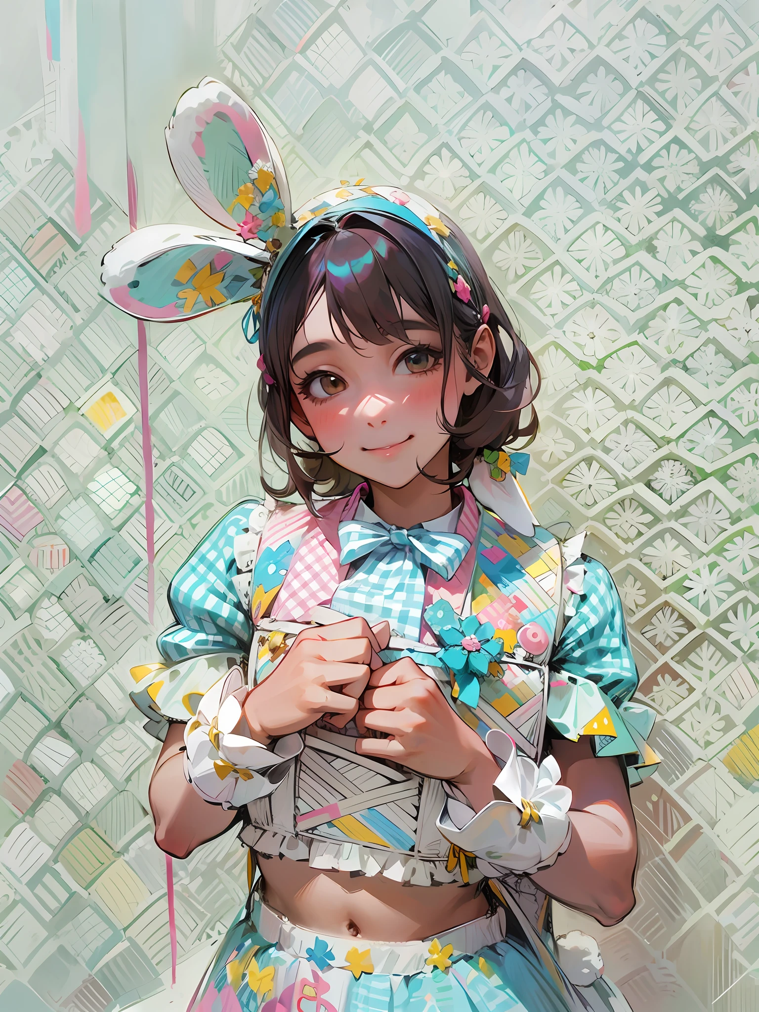 There is a pretty girl in a costume with rabbit ears, ribbons, gingham checks, mouth closed, smile