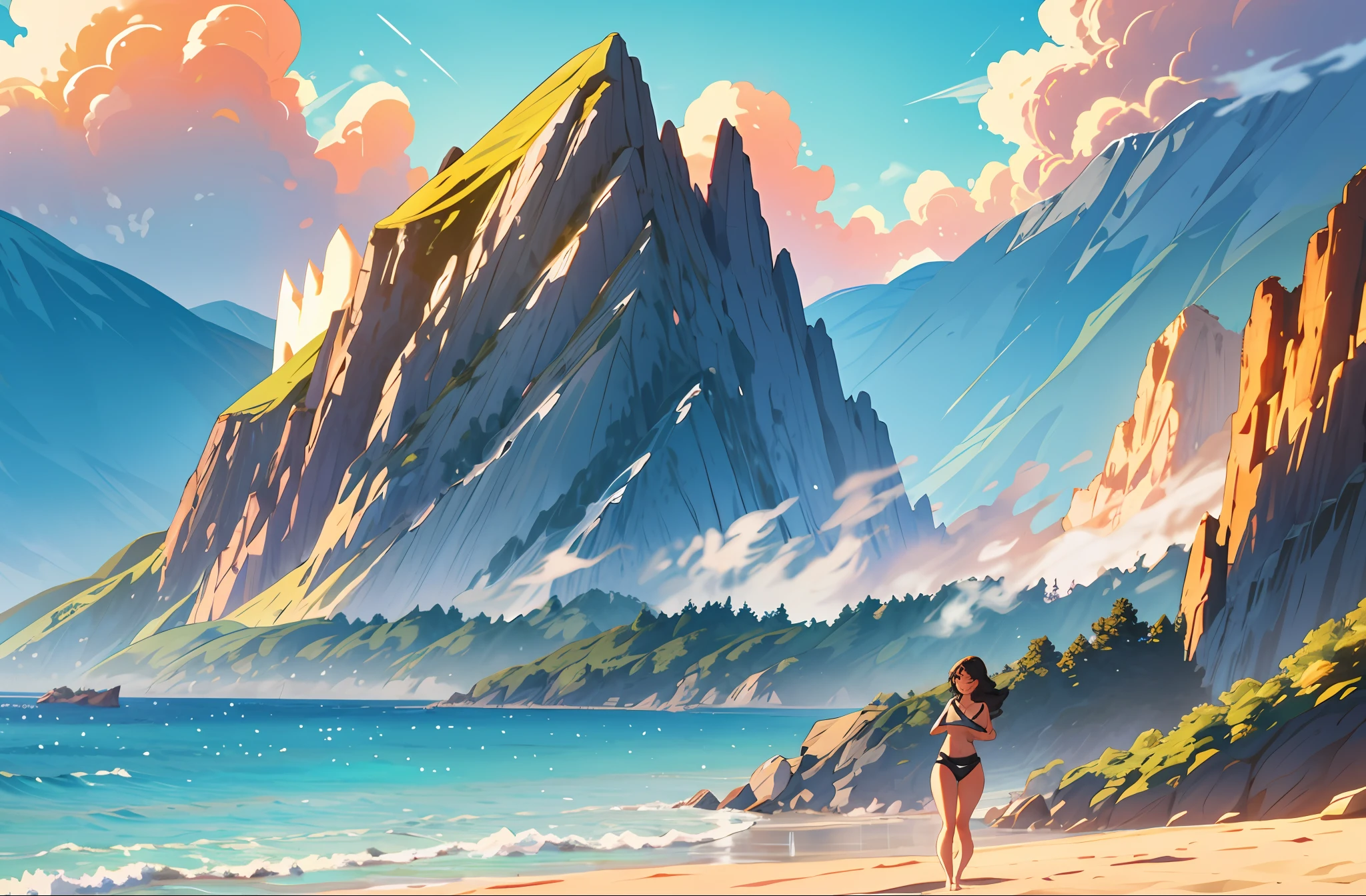 A stunning woman with voluminous breasts.7posing on top of a mountain peak, the morning sun shining on her body, ((high resolution)), ((dramatic lighting)), ((bikini/beach theme)),((small waist))((sexy))((perfect body))((fog)), rich colors, ultra detailed, official art, masterpiece, (best quality:1.3), reflections, extremely detailed, extremely detailed cg, cinematic lighting, detailed background, mountain camping background