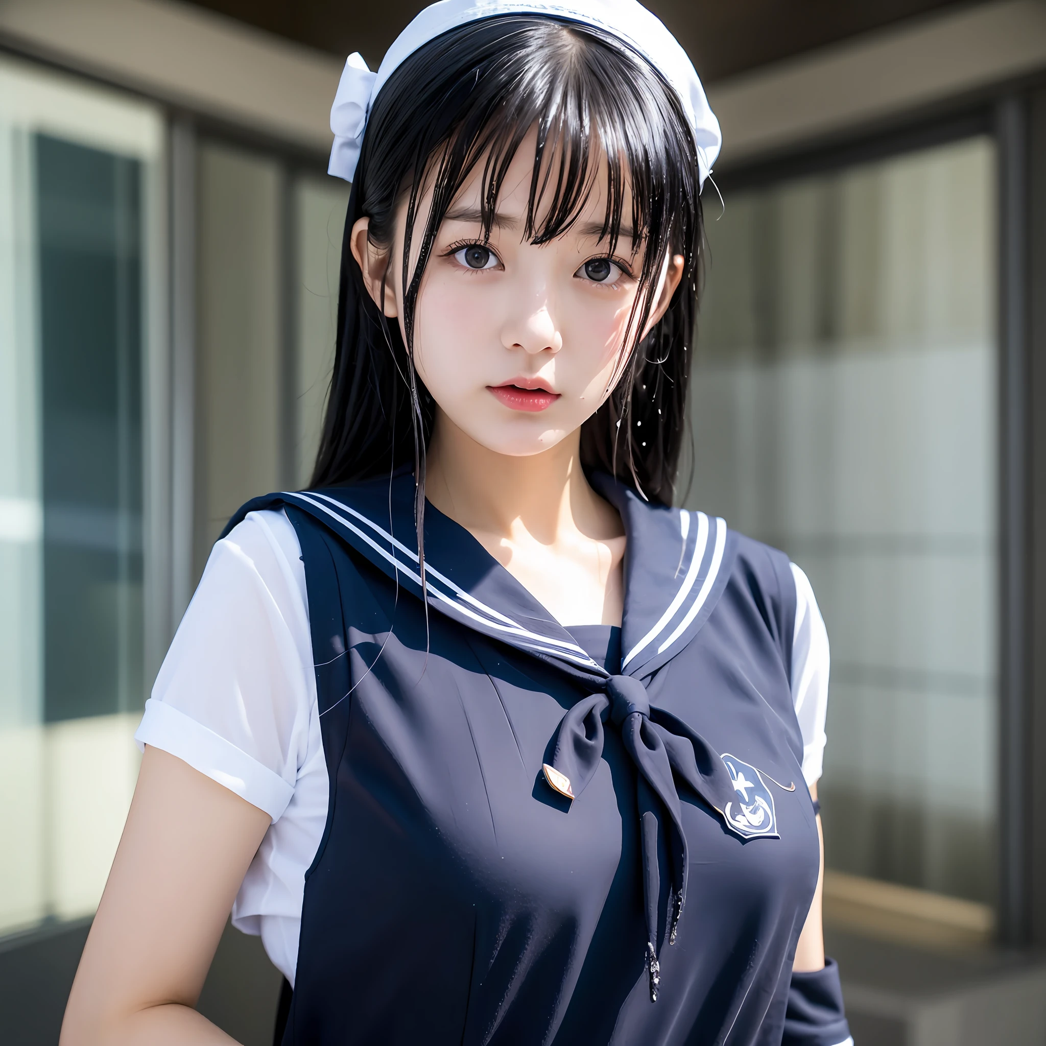 schoolgirl, realistic, photorealistic, Japan, black hair, sailor suit, cute, delicate, 25 years old, gravure, attractive, sexy, breasts big, wet --auto --s2