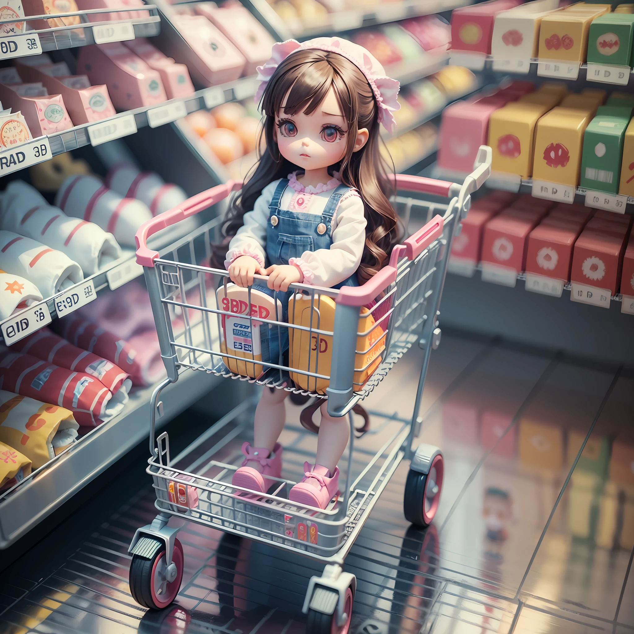 there is a small doll sitting in a shopping cart, ( ( ( ( 3 d render ) ) ) ), cute 3 d render, 3 d illustration, 3d illustration, 3 d character render, ( ( 3 d render ) ), stood in a supermarket, getting groceries, render of a cute 3d anime girl, shopping cart, depicted as a 3 d render --auto --s2