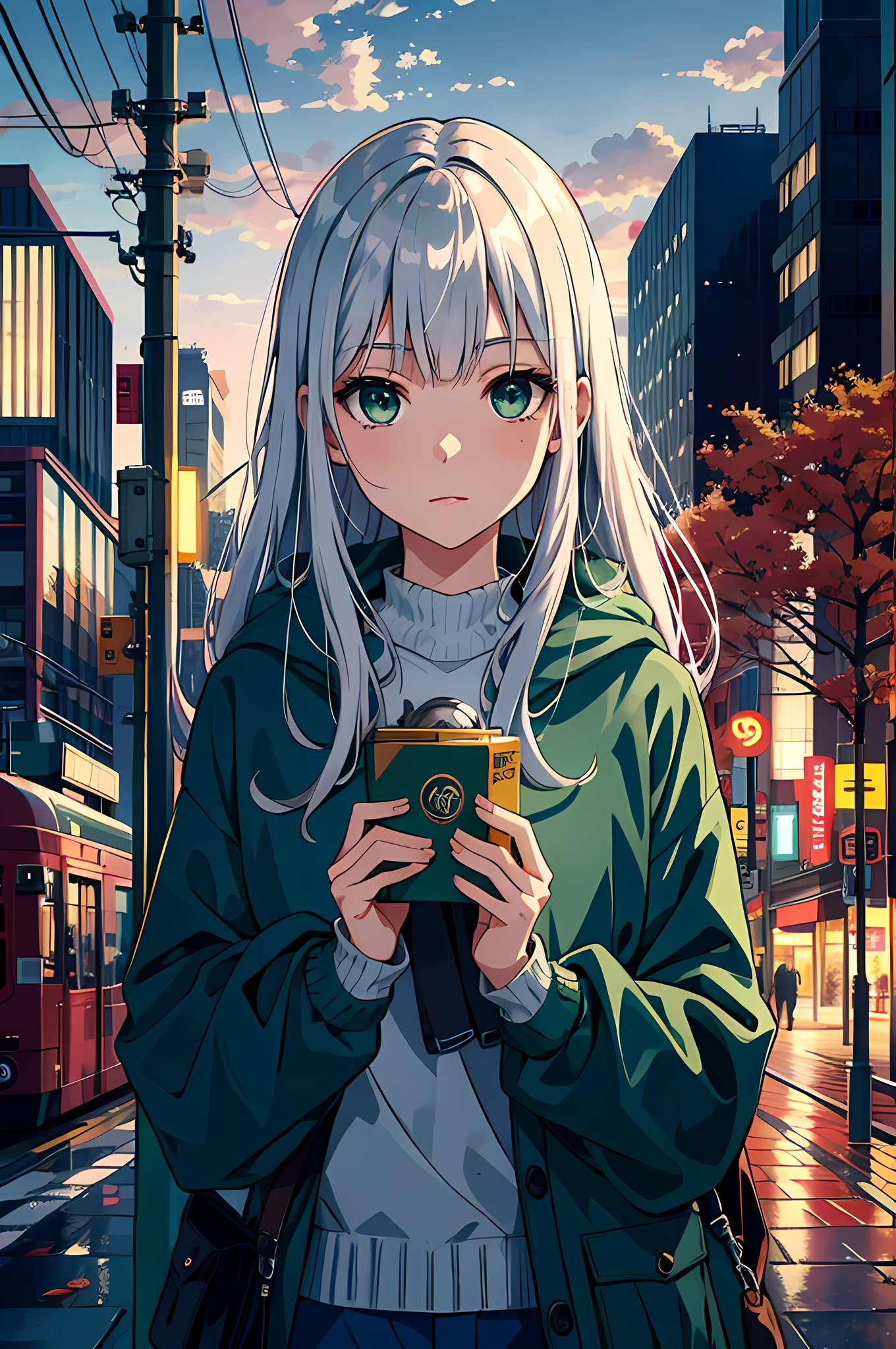 japan, high resolution, highest quality, illustration, ultra detailed, (detailed face), (detailed eyes), soft lighting, best quality, misty glow, dreamy atmosphere, hyper detailed, masterpiece, 1 girl, solo, silver hair, green eyes, knitwear, bright eyes, medium chest, (colored), cowboy shot, outdoors, evening, clouds, high rise buildings in background, industrial, public transportation, urban, buildings concrete, concrete, sidewalk, busy, trees, autumn, falling leaves,