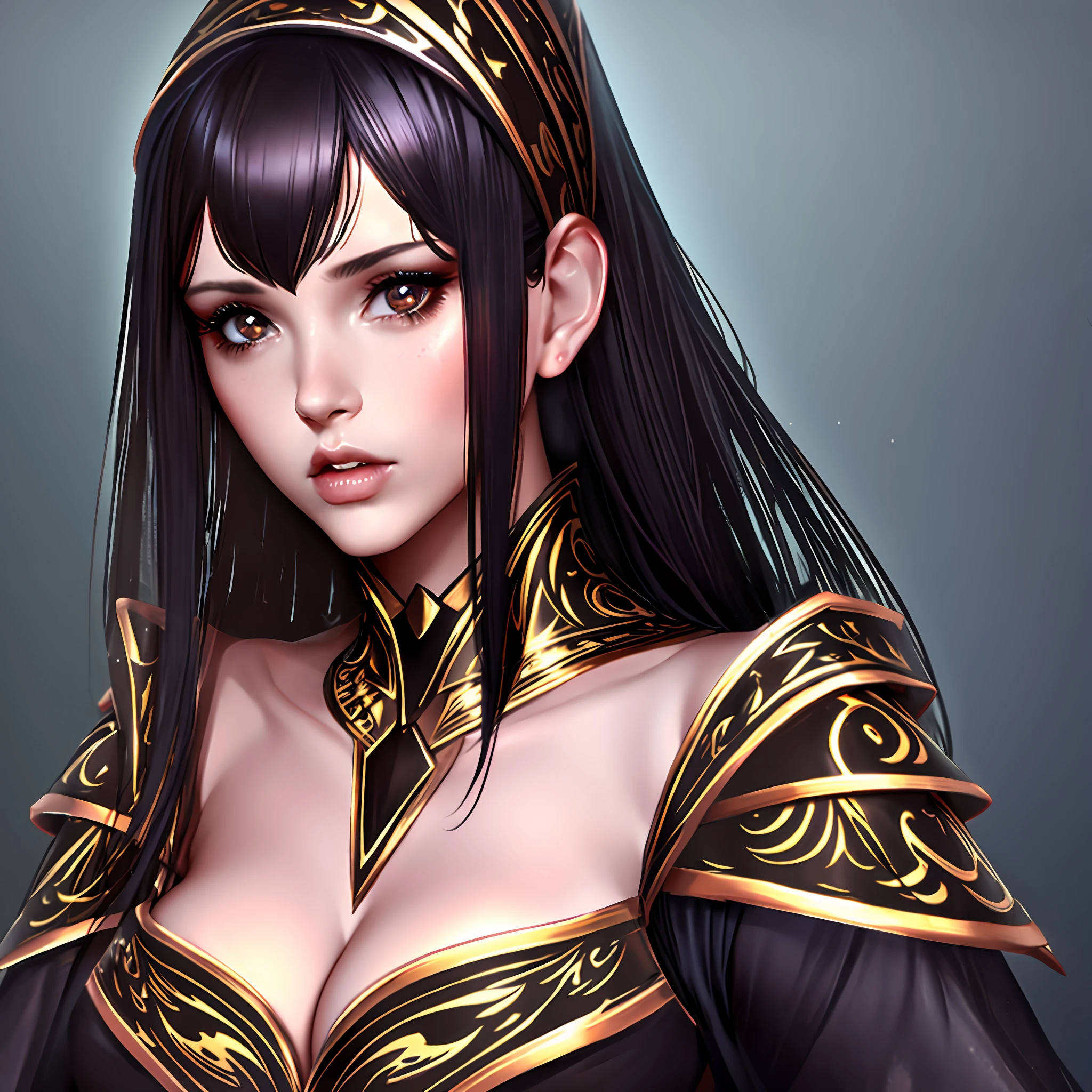 Beautiful tall woman with black hair wearing her super realistic and well detailed wizard outfit