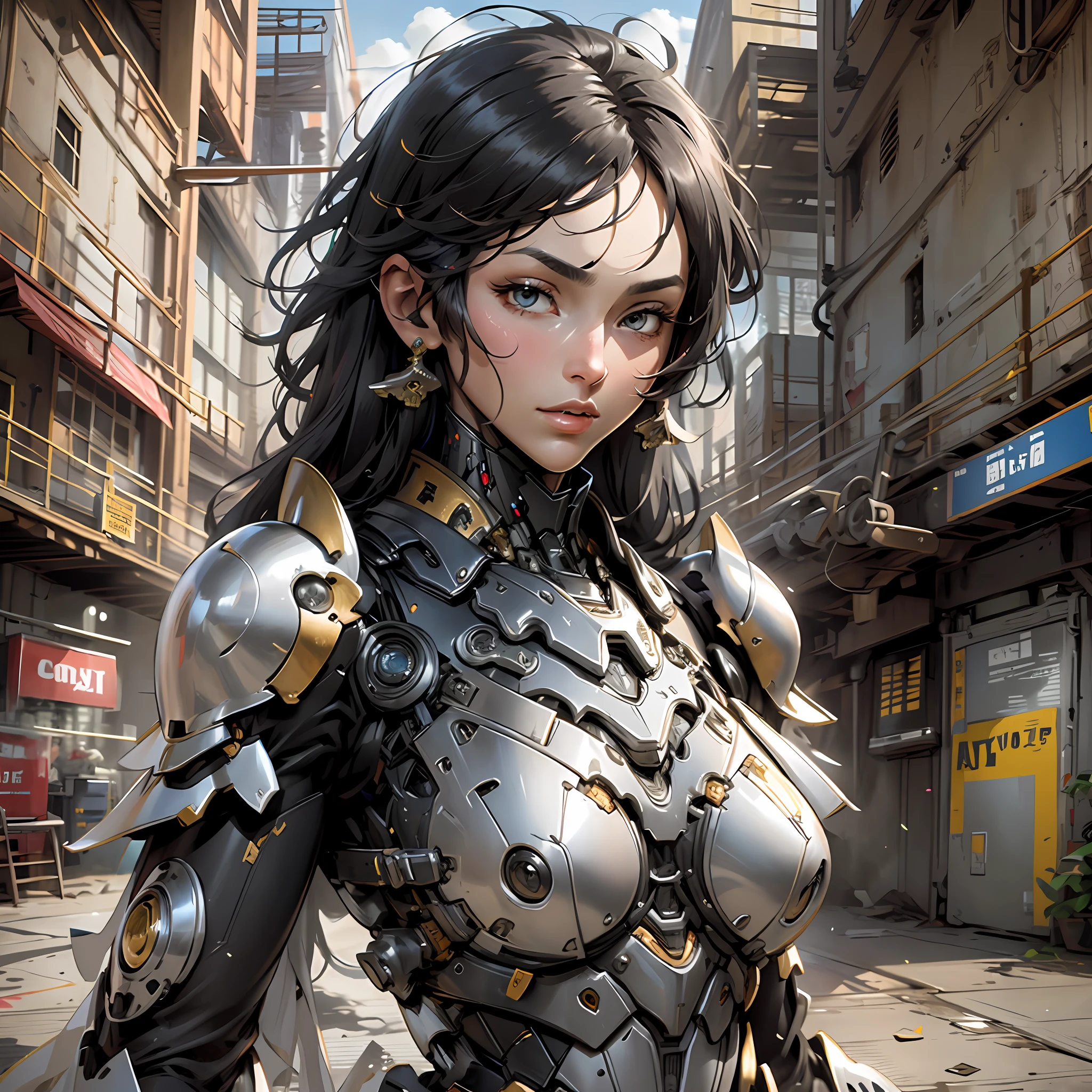 Beautiful tall woman with robotic armor with super realistic and well detailed black hair