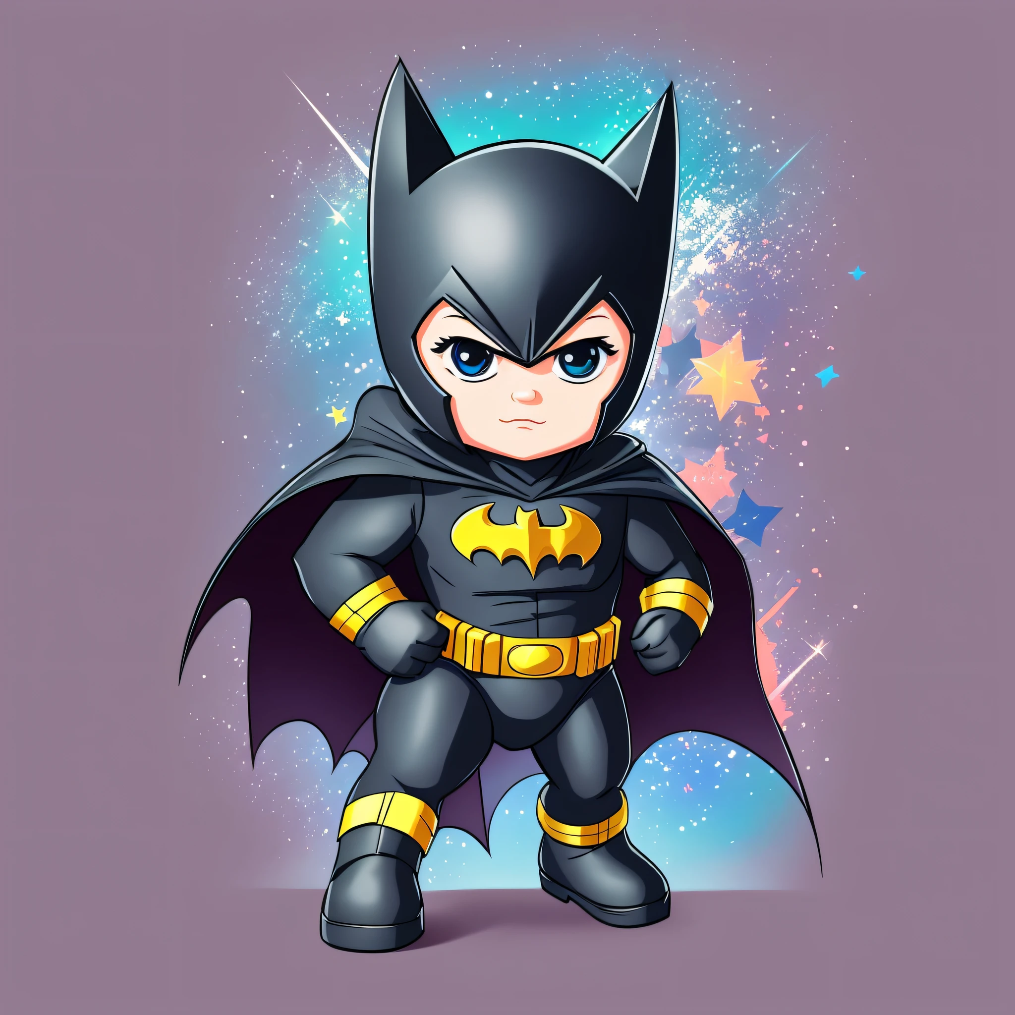 Create a mini child hero, baby Batman, with an impactful cartoon background, colorful, bright --auto --s2