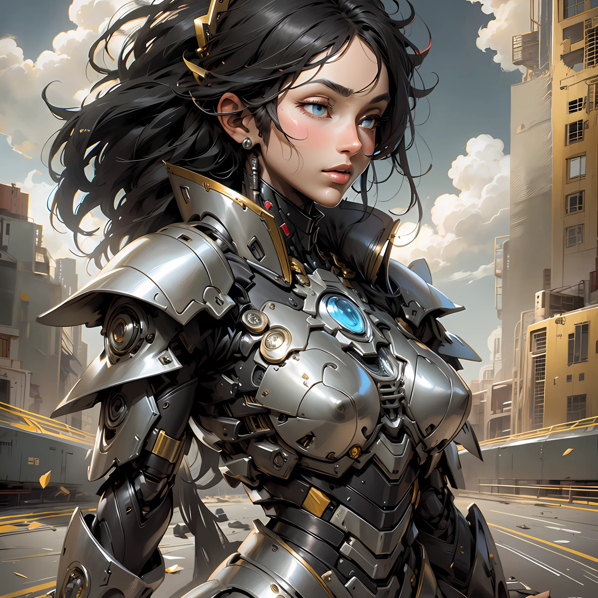 Beautiful tall woman with robotic armor with super realistic and well detailed black hair