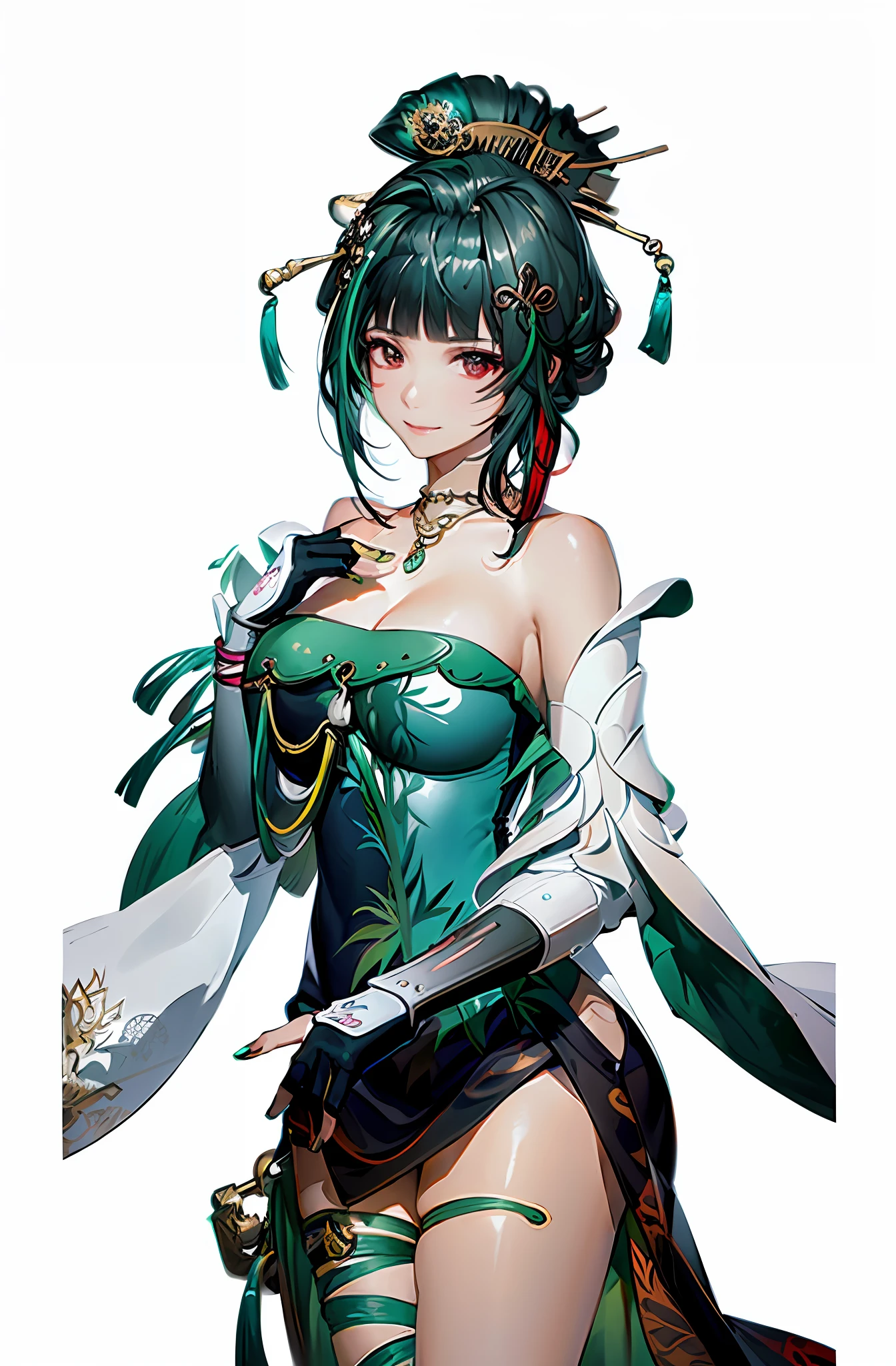 (masterpiece, top quality, best quality, official art, beautiful and aesthetic:1.2), (1 girl), extreme detailed, colorful, highest detailed, (large breasts:1.2,) upper body, from above, hanying, black china dress, green hair, red eyes, Hairpin, single bun,hair ornament, long sleeves, wide sleeves, dragon pattern dress, leg bandage, leaning wall, in china city, ancient street, sun, (exposed, smile, dark background,