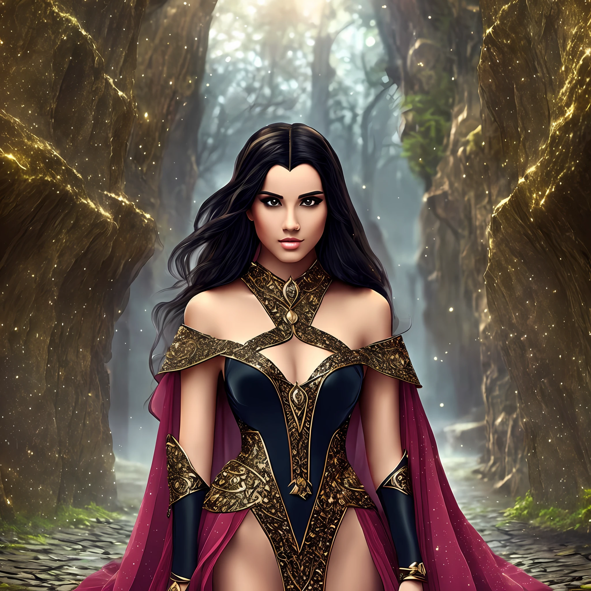 Beautiful tall woman with black hair wearing her super realistic and well detailed wizard outfit