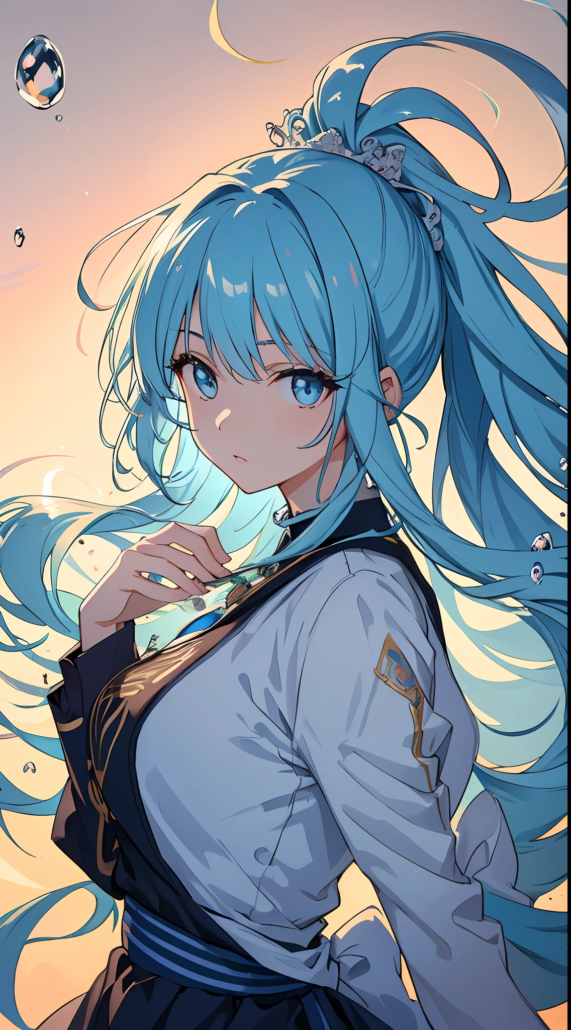 (masterpiece), (best quality), (ultra detailed),(disheveled hair),(illustration), (1girl), (Fashionable clothing), standing, Fashion model, looking at viewer, (interview), (simple background),beautiful detailed eyes, delicate beautiful face, Floating,(high saturation),(colorful splashes),colorful bubble,(shining), focus on face, ponytail, kamisato ayaka, light blue hair, bangs, hair ring, floating flowers, floating hairs, (shining), best lighting, best shadow,