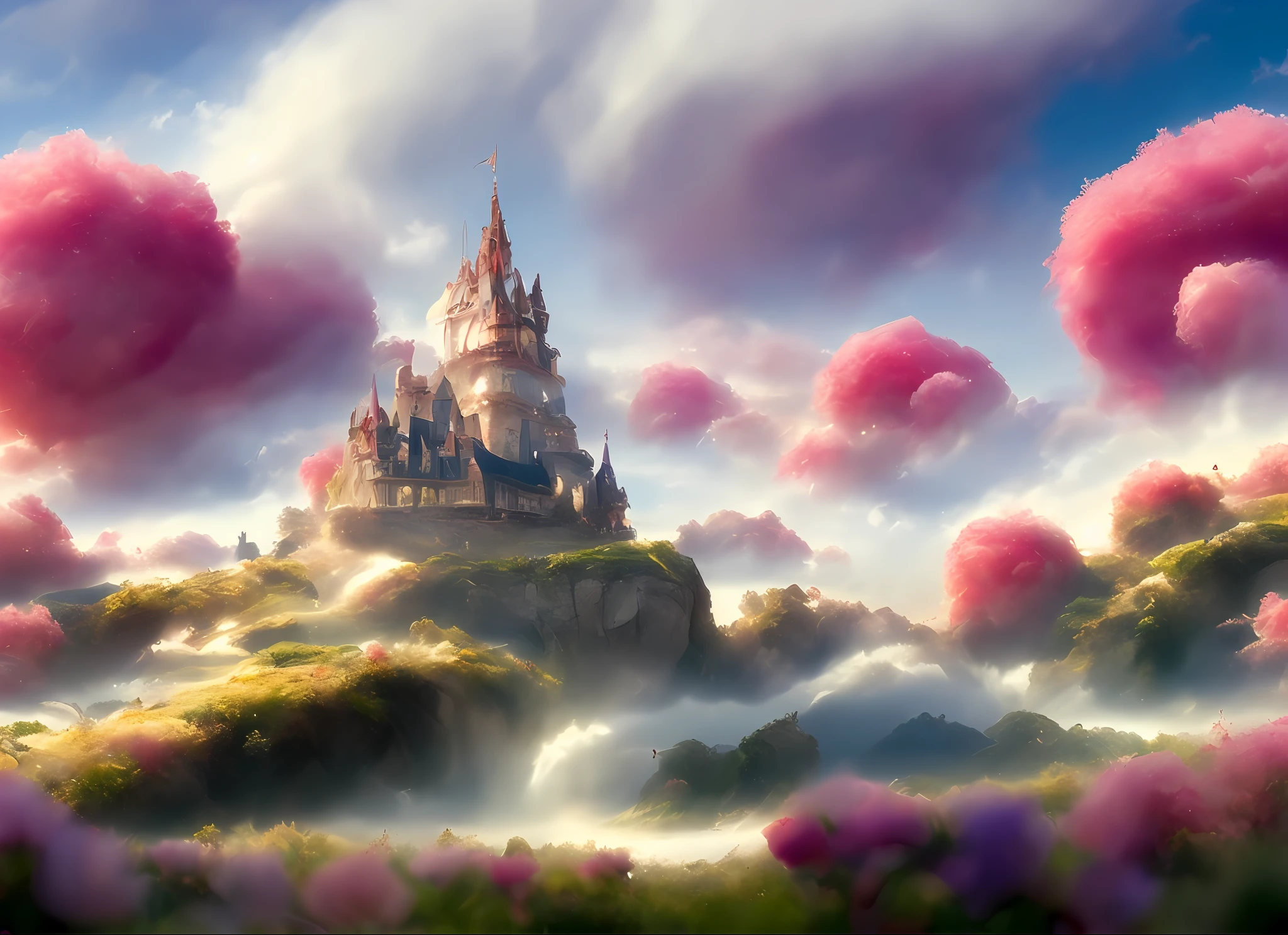 a discodifland with swirling clouds and flowers, (sky rose fantasy castle), (red roses), (ridiculous), dreamy, disney, painted by Thomas Kincaid, artstation, sharp focus, inspiring 8k wallpaper,