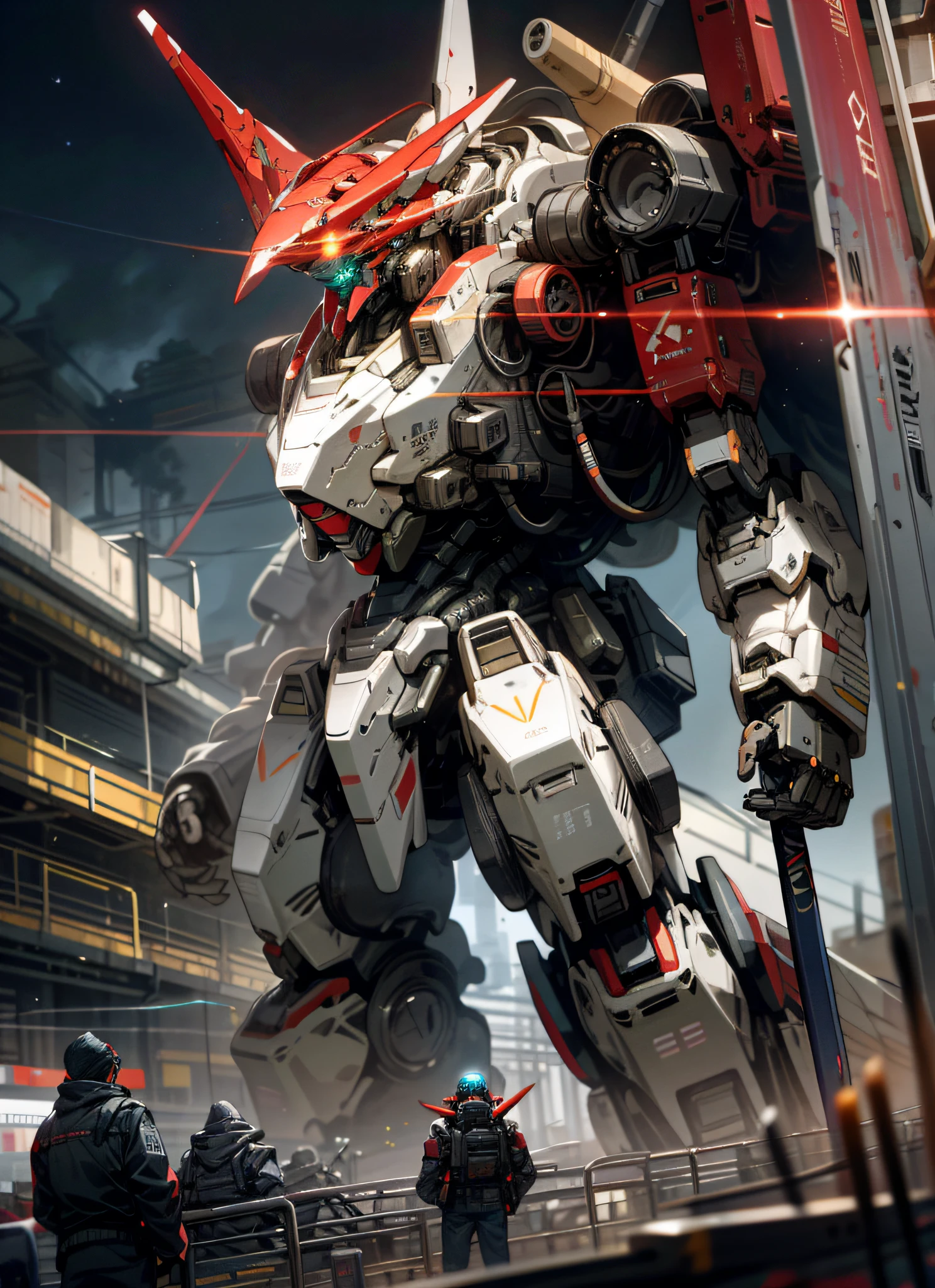 Cosmic Background, Planet, holding_weapon, no_humans, Glow, Robot, Architecture, glowing_eyes, Red Mecha, Science Fiction, Reality, Mecha, Wide Angle, Vista
