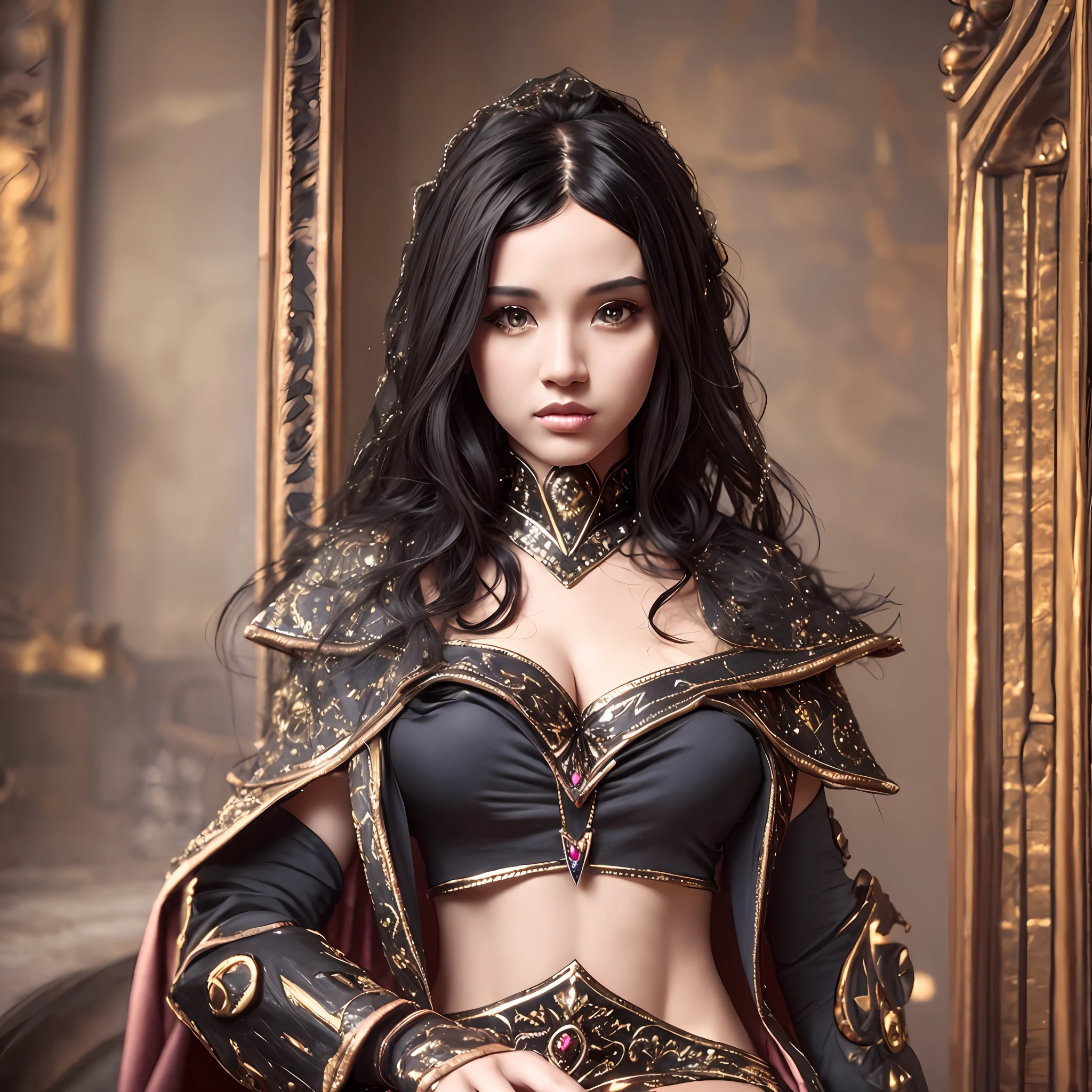Beautiful tall woman with black hair wearing her super realistic and well detailed wizard outfit