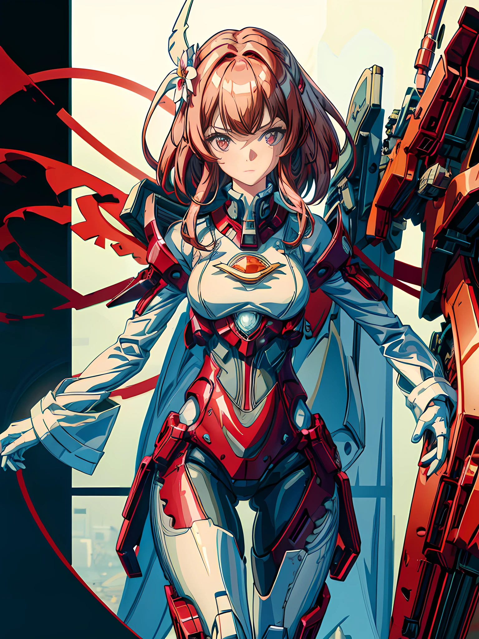 A GIRL, Red and white tight uniform, Double tail, Volumetric clouds, Tall humanoid mech in the background, fully body, red hair, bangs, expressive hair, hair flower, mismatched sclera, eye reflection, glaring, blush, zoom layer, bokeh, chiaroscuro, ray tracing, panorama, UHD, masterpiece, ccurate, anatomically correct, textured skin, high details, high quality, super detail, best quality, award winning, highres, retina