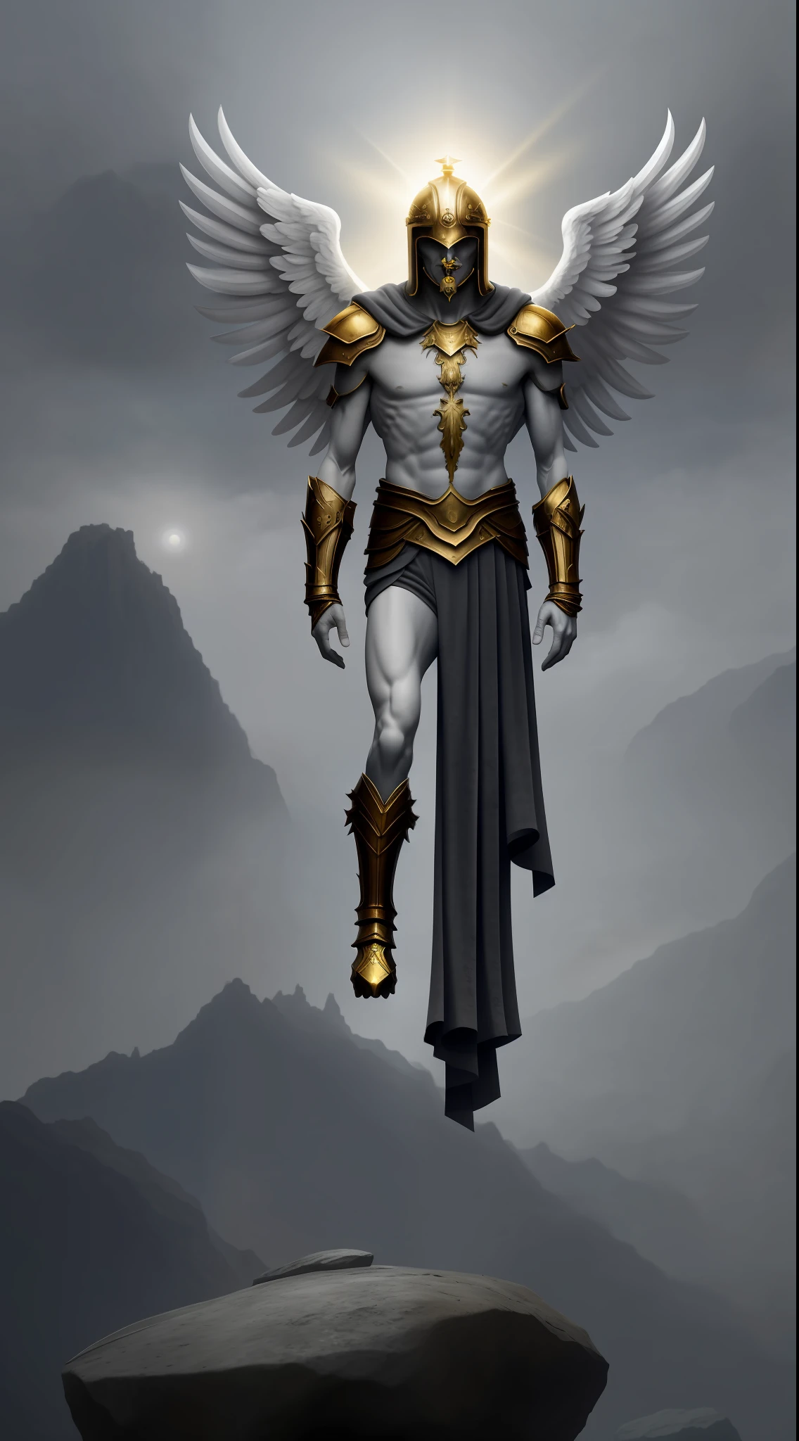 There is a man with wings standing on a rock with a mountain in the background, 56 years old, winged human, majestic full-bodied angel, angel wings on his back of gray and white colors, realistic photo, young angel, majestic god, imposing angel, on his head a great halo light(1.33), dark brown skin, curly gray beard, on the head helmet of a Roman gladiator,  white clothing, golden adornments, foggy universe background, dim light to the environment, and Gaussian blur in the background.