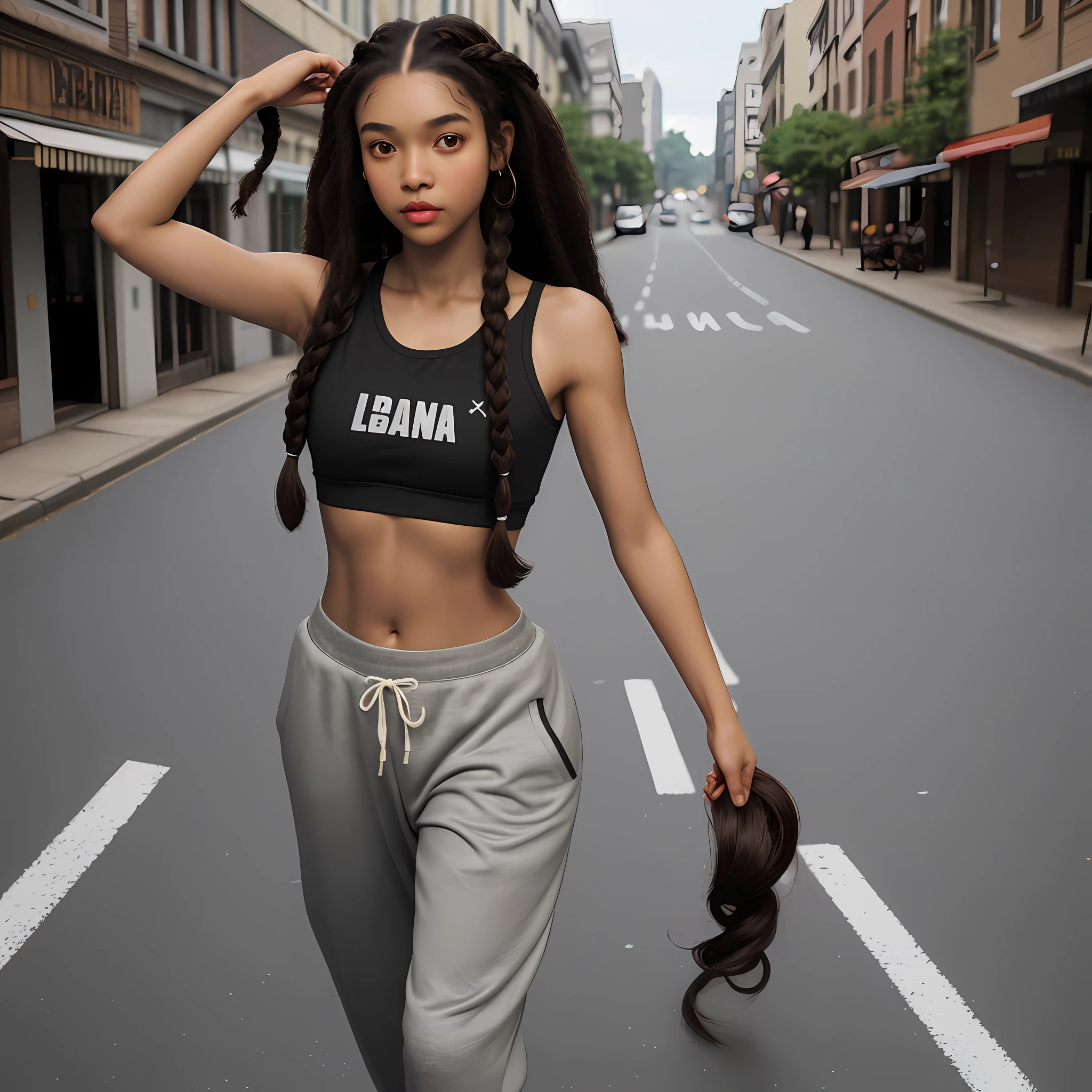 Photorealist, 8k, brunette girl, 21 years old, thin, medium breasts, long hair, African braids, curly hair, hair fulfilled, brown eye, small eyes, thin eyebrows, small mouth, thick lips, black top, sweatpants, belly button out, muscular belly, thin waist, large trasero, walking down the street