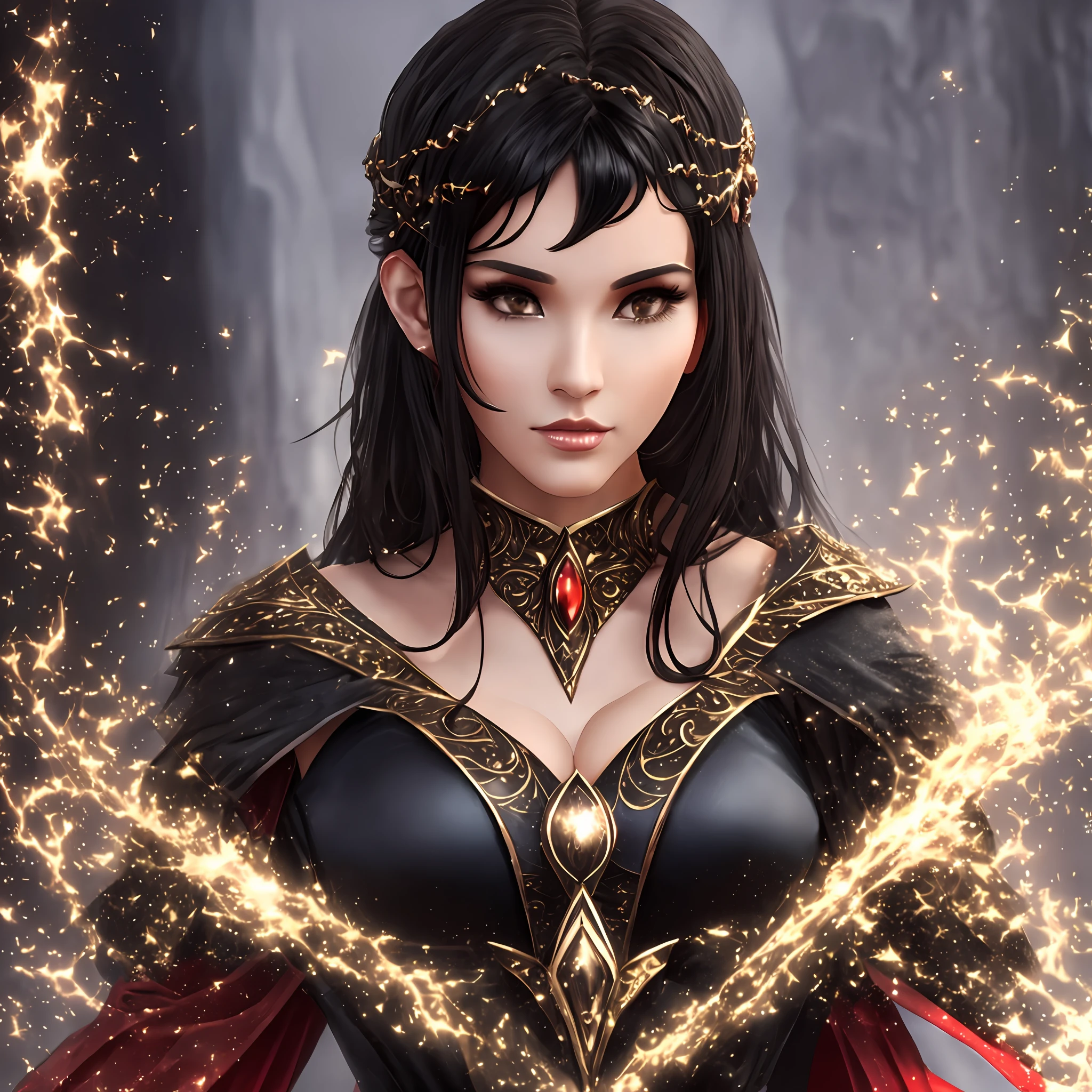 Beautiful tall woman with black hair wearing her super realistic and well detailed wizard outfit