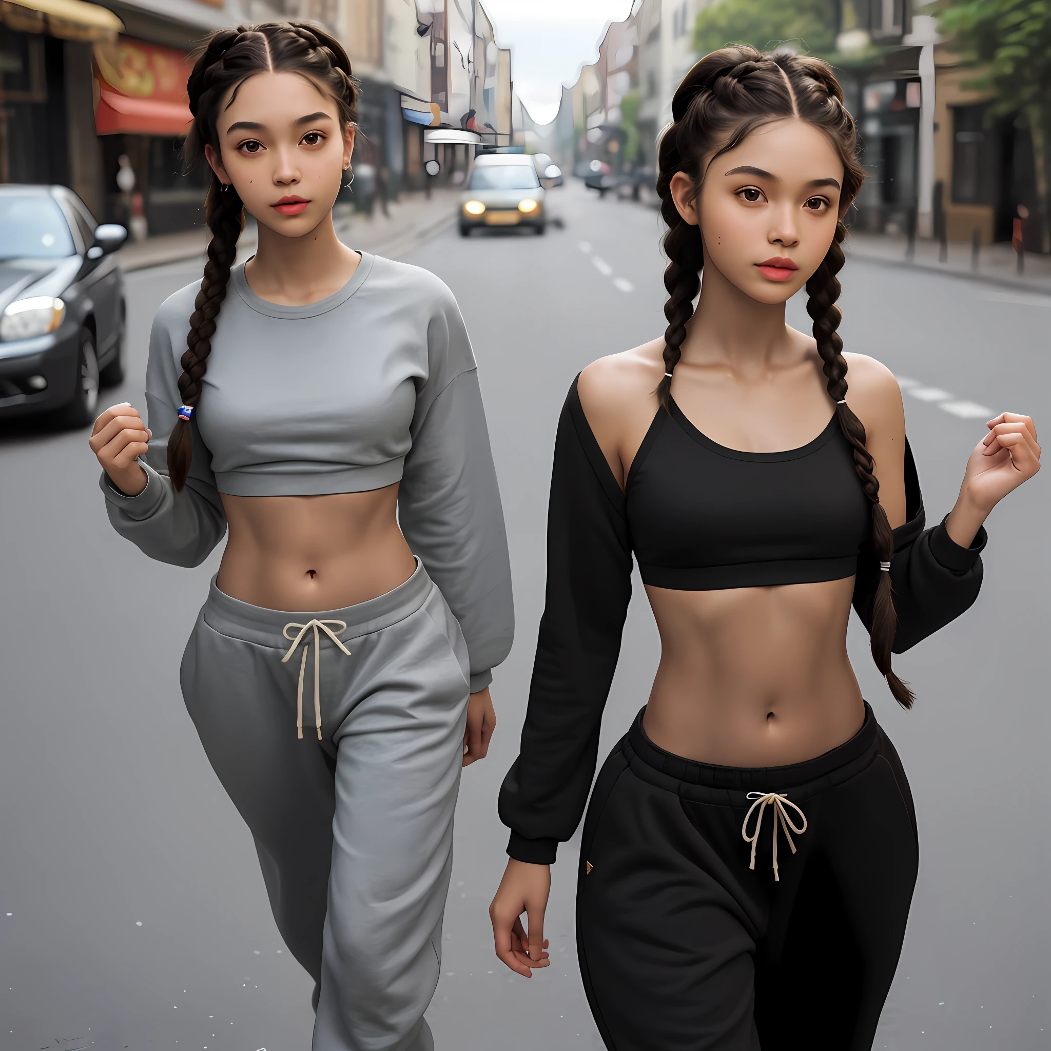 Photorealist, 8k, brunette girl, 21 years old, thin, medium breasts, long hair, African braids, curly hair, hair fulfilled, brown eye, small eyes, thin eyebrows, small mouth, thick lips, black top, sweatpants, belly button out, muscular belly, thin waist, large trasero, walking down the street