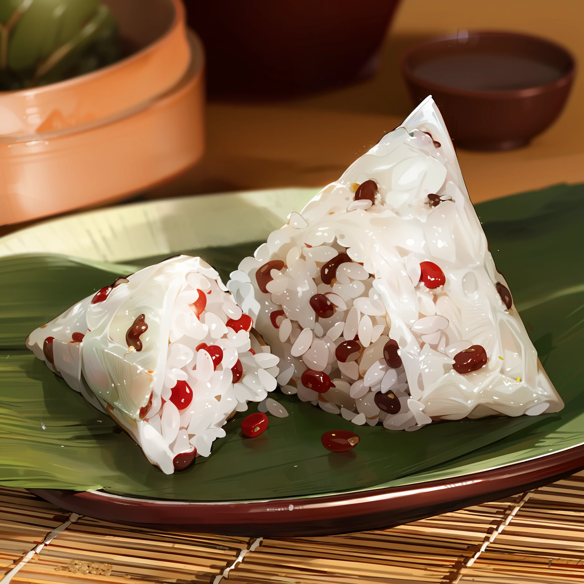 Zongzi, white rice, red beans in the middle, food advertising 4K, HD food photography, food photography 4K, super realistic food pictures, delicious, food photography, advertising photography