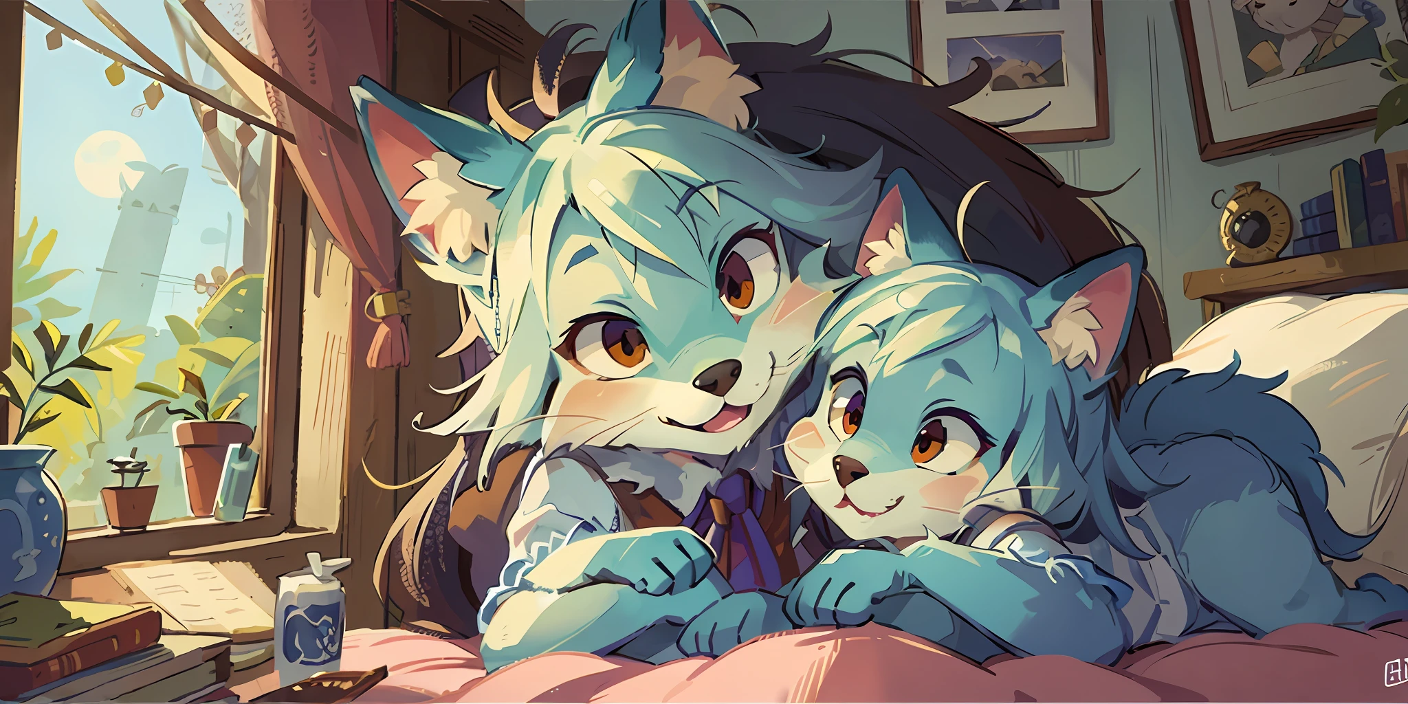 Top quality, picture book cover, movie poster, watercolor, fancy, four-headed, pale color (bedroom, full moon visible through the window) (very detailed beautiful face and eyes) perfect anatomy (beastman, nightgown, pajamas, lying on your back, sleeping happily, family, hugging and kissing on the cheek) (furry antro: 1.2) (animal facial features of furry bodies) ( the muzzle of the animal is very detailed fur) portrait, smile (dynamic pose),