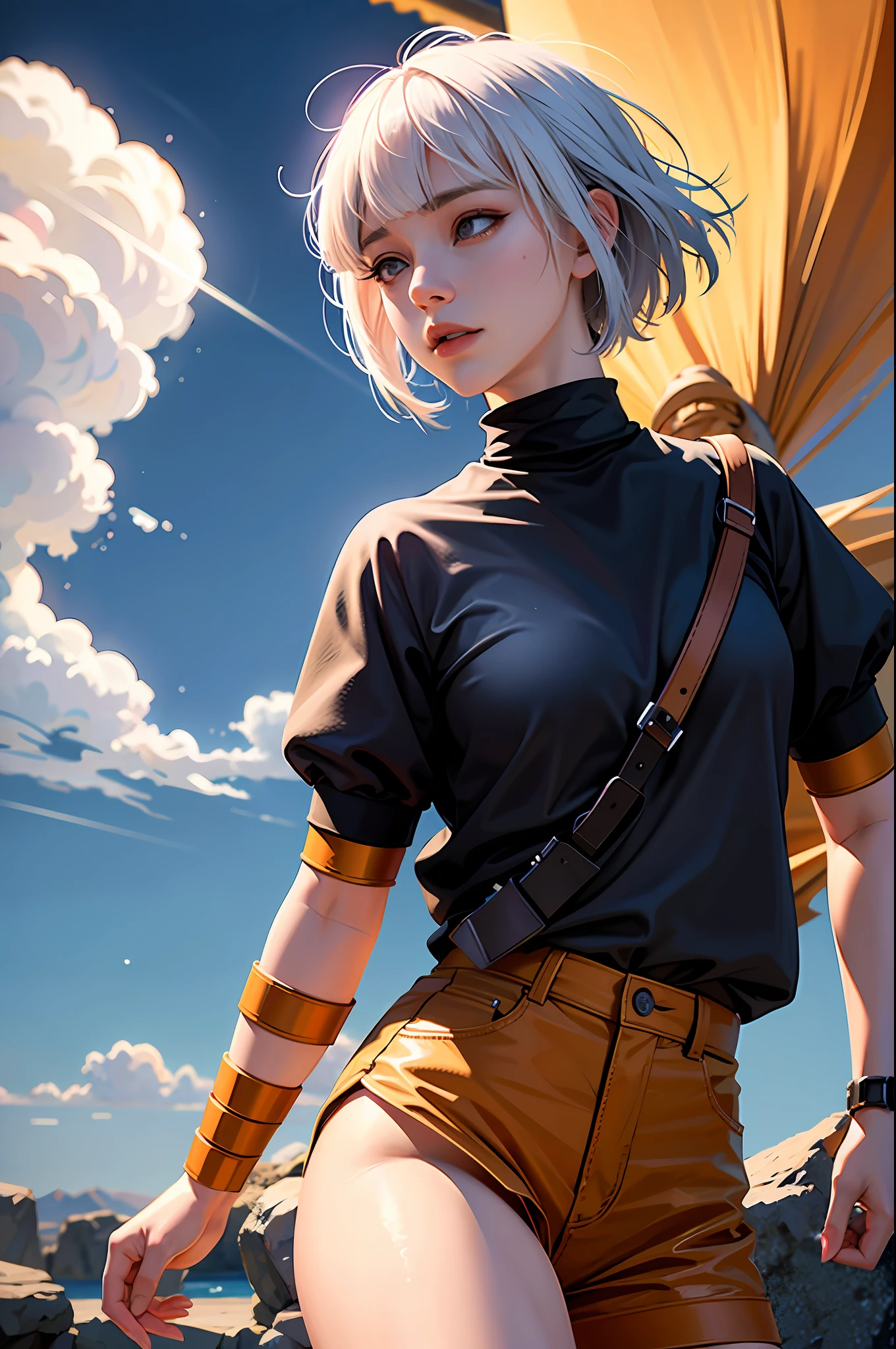 (masterpiece), (best quality), realistic, cinematic light, Hinata from Naruto, cool pose, battlefield background, perfect body, white eyes, white bobcut hair