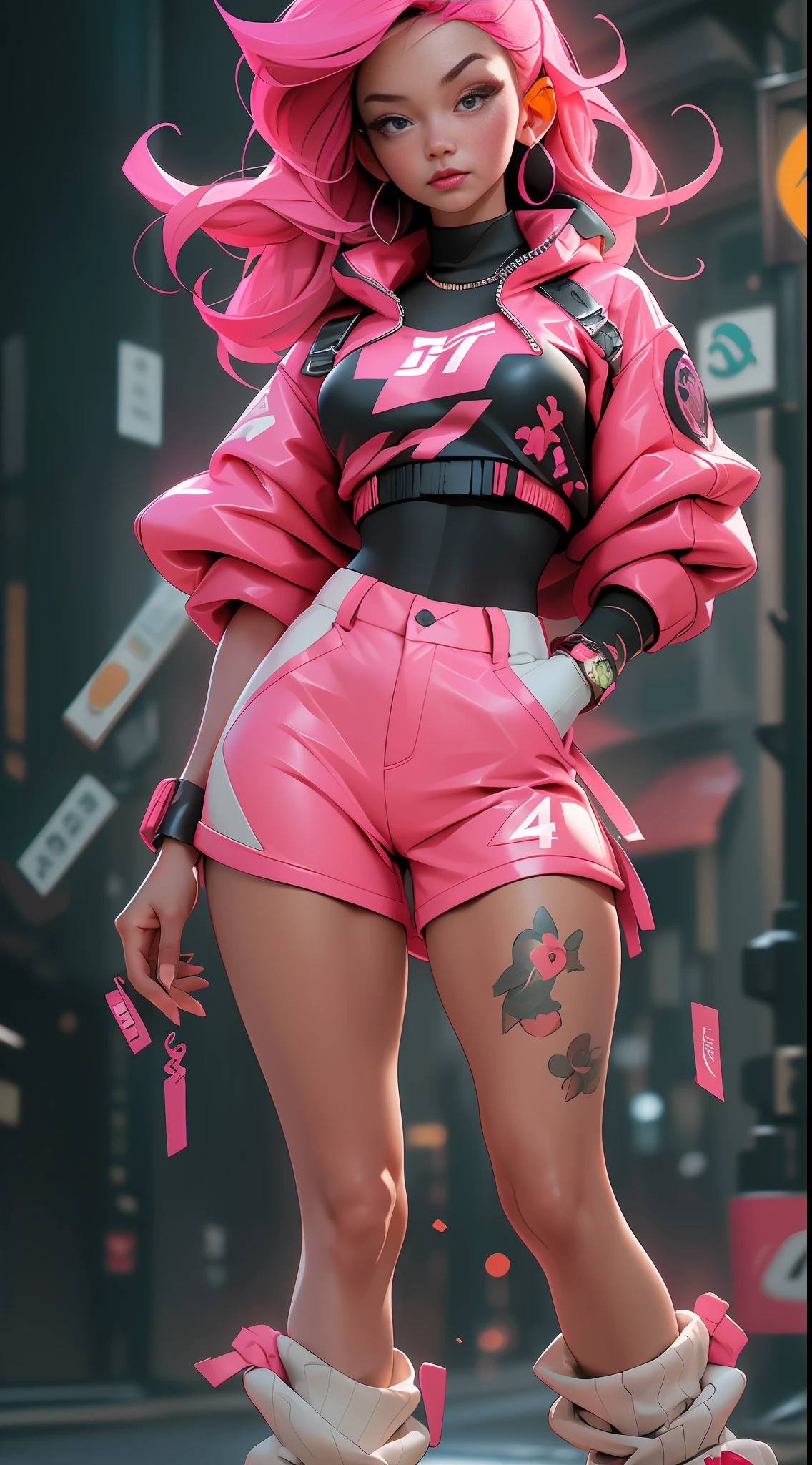 ((best quality)), ((masterpiece)), ((realistic)), (detailed), photography, redhead woman (full body), a Streetwear massively over size puffer ballenciaga puffer jacket, glossy colors, vogue perfect portrait, pink paint splash, ((street neon glow background)), perfect eyes, ultra wide, bright, ((4x ultra sharp, UHD, HDR)), portrait Photography, Ultra-Wide Angle, Depth of Field, hyper-detailed, beautifully color-coded, insane details, intricate details, beautifully color graded, Cinematic , Color Grading, Editorial Photography , Photography, Photoshoot, Depth of Field, DOF, Tilt Blur,  ((masterpiece)), absurdres