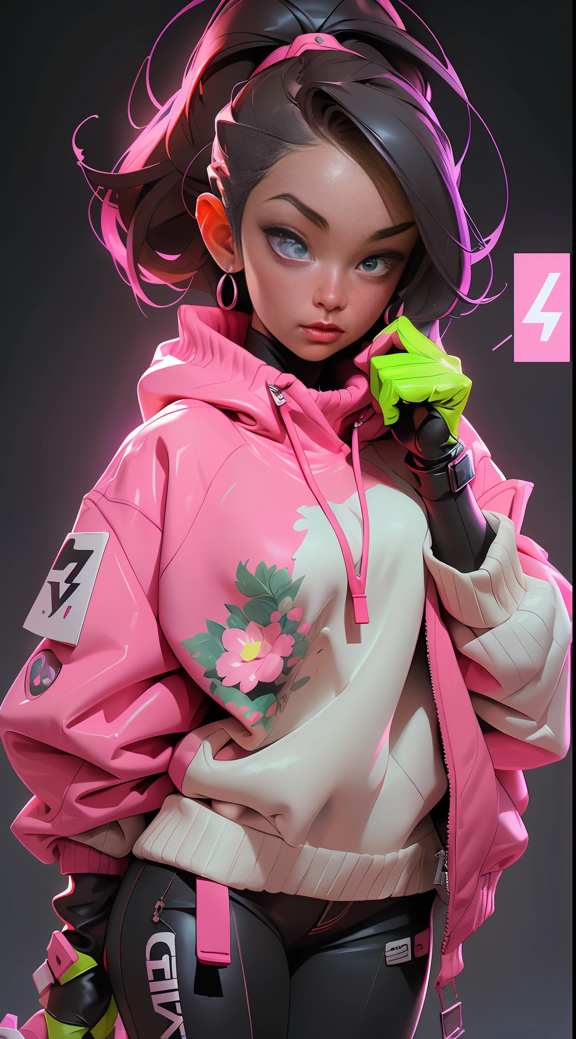 ((best quality)), ((masterpiece)), ((realistic)), (detailed), photography, redhead woman (full body), a Streetwear massively over size puffer ballenciaga puffer jacket, glossy colors, vogue perfect portrait, pink paint splash, ((street neon glow background)), perfect eyes, ultra wide, bright, ((4x ultra sharp, UHD, HDR)), portrait Photography, Ultra-Wide Angle, Depth of Field, hyper-detailed, beautifully color-coded, insane details, intricate details, beautifully color graded, Cinematic , Color Grading, Editorial Photography , Photography, Photoshoot, Depth of Field, DOF, Tilt Blur, ((masterpiece)), absurdres