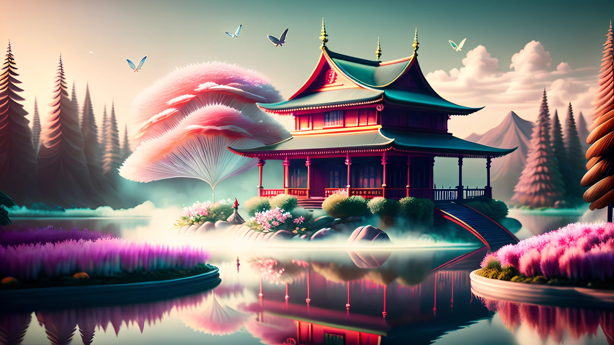 _shuimo_ landscape dreamlikeart, 3d render of,(masterpiece), (extremely detailed CG unity 8k wallpaper), sharp male focus, 

in the morning, Red sun, The white clouds,
castle peak, cedar, guest-greeting pine, welcoming pine, pines, 
waterfall, The flow of water, 
cranes, water birds, 
crane, dragon, kirin, 
lake, river, the mist, 
bridge, the small pavilion, he small attic, 
boats, 
lotus lotus, leaf, water lily, 
Swimming carp, jumping carp, 
Peony, bamboo, the plum blossom, The magpies, orchid, chrysanthemum, butterfly,
Windows, 

noise reduction, Detail Painting Luki, CG Social Contest winner, Fantasy Art, Voluminous VFX smoke, photo via 5000000px, tetrachromatic, Dipping Gold Powder Gloss Glaze,godlike, dreamlike, octane render global illumination, UHDR, symmetrical artwork,Tyndall light effect.popular on ArtStation, popular on Pixiv,popular on deviantart.
