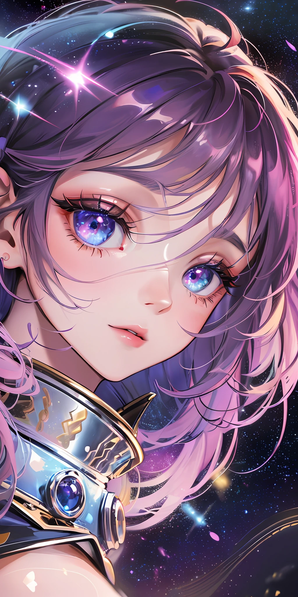 High detail, super detail, super high resolution, girl enjoying her time in the dream galaxy, surrounded by stars, warm light sprinkled on her, background is starry sky with colorful galaxies and galaxy clouds, stars flying around her, delicate face, adding playful atmosphere , --v6