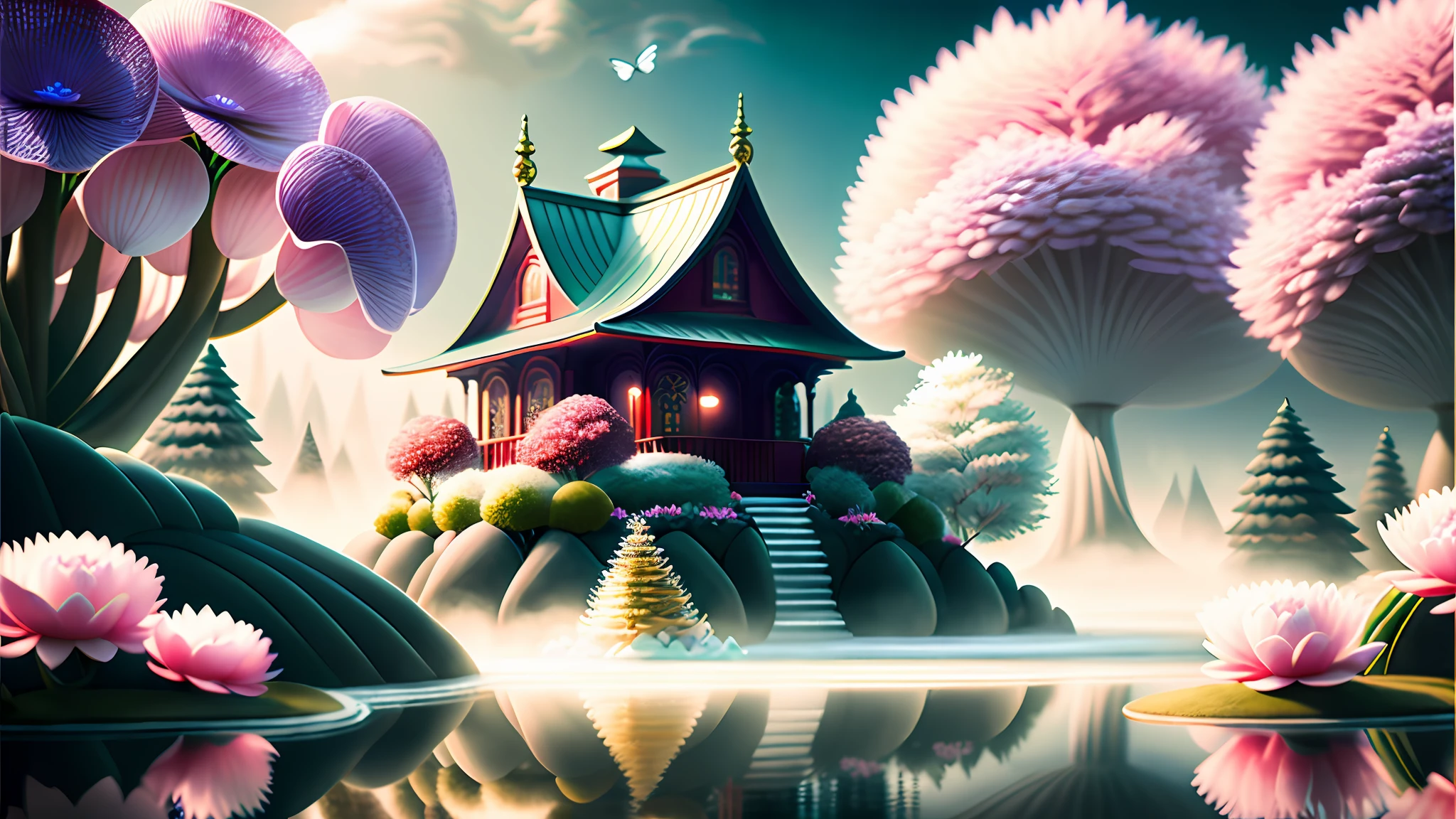 _shuimo_ landscape dreamlikeart, 3d render of,(masterpiece), (extremely detailed CG unity 8k wallpaper), sharp male focus,
in the morning, Red sun, The white clouds,
castle peak, cedar, guest-greeting pine, welcoming pine, pines,
waterfall, The flow of water,
cranes, water birds,
crane, dragon, kirin,
lake, river, the mist,
bridge, the small pavilion, he small attic,
boats,
lotus lotus, leaf, water lily,
Swimming carp, jumping carp,
Peony, bamboo, the plum blossom, The magpies, orchid, chrysanthemum, butterfly,
Windows,
noise reduction, Detail Painting Luki, CG Social Contest winner, Fantasy Art, Voluminous VFX smoke, photo via 5000000px, tetrachromatic, Dipping Gold Powder Gloss Glaze,godlike, dreamlike, octane render global illumination, UHDR, symmetrical artwork,Tyndall light effect.popular on ArtStation, popular on Pixiv,popular on deviantart.