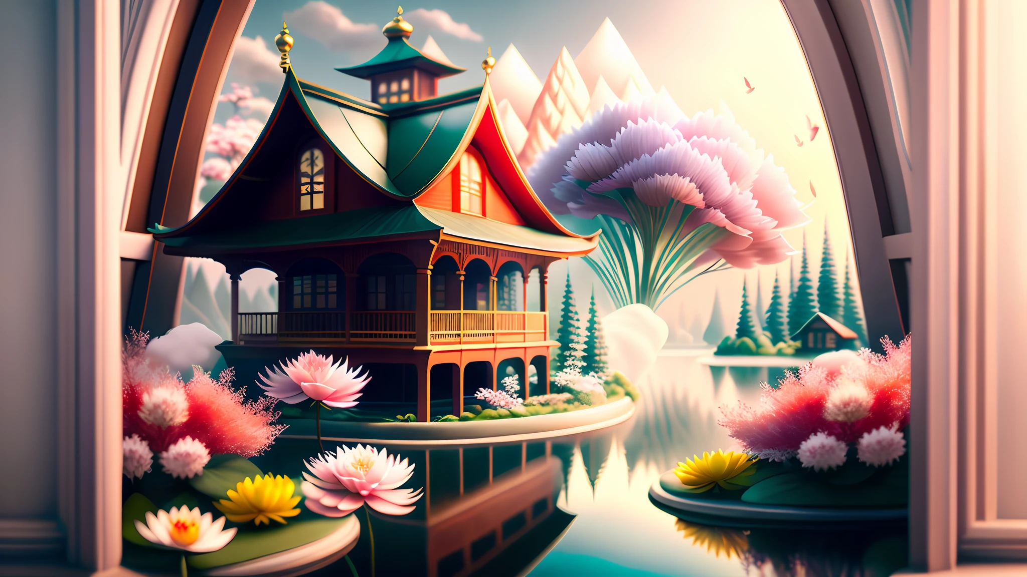 _shuimo_ landscape dreamlikeart, 3d render of,(masterpiece), (extremely detailed CG unity 8k wallpaper), sharp male focus, 

in the morning, Red sun, The white clouds,
castle peak, cedar, guest-greeting pine, welcoming pine, pines, 
waterfall, The flow of water, 
cranes, water birds, 
crane, dragon, kirin, 
lake, river, the mist, 
bridge, the small pavilion, he small attic, 
boats, 
lotus lotus, leaf, water lily, 
Swimming carp, jumping carp, 
Peony, bamboo, the plum blossom, The magpies, orchid, chrysanthemum, butterfly,
Windows, 

noise reduction, Detail Painting Luki, CG Social Contest winner, Fantasy Art, Voluminous VFX smoke, photo via 5000000px, tetrachromatic, Dipping Gold Powder Gloss Glaze,godlike, dreamlike, octane render global illumination, UHDR, symmetrical artwork,Tyndall light effect.popular on ArtStation, popular on Pixiv,popular on deviantart.