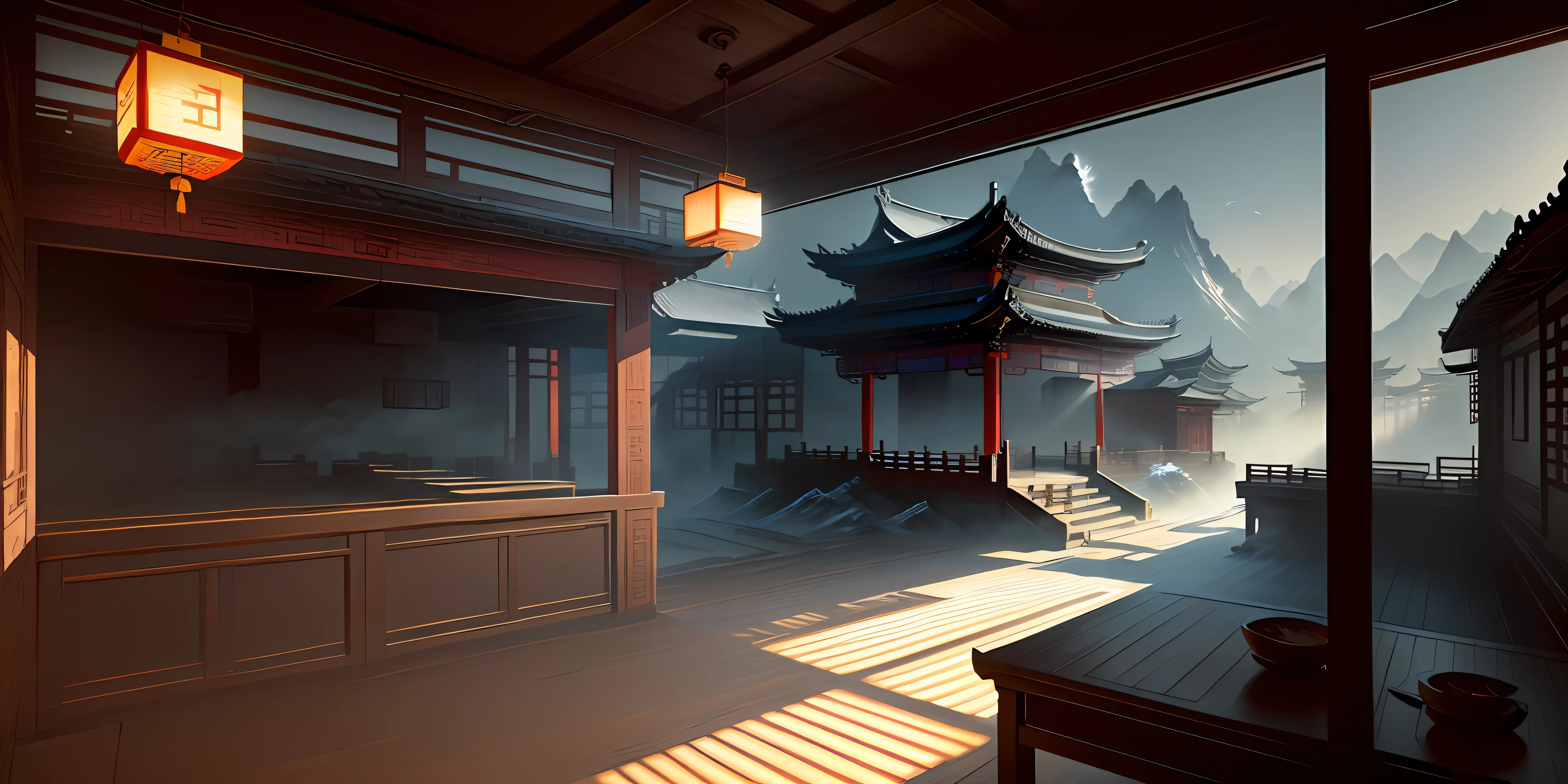 Chinese loft landscape, ink painting, color dull, cool tone, martial arts movie story style, highly detailed, dynamic, epic, realistic lighting and shadows, inspired by Jin Yong, vibrant, 8k, Octane rendering, Unreal Engine, very detailed , Concept Art, Realistic, Cry Engine, Masterpiece, Recent Quality --v 6