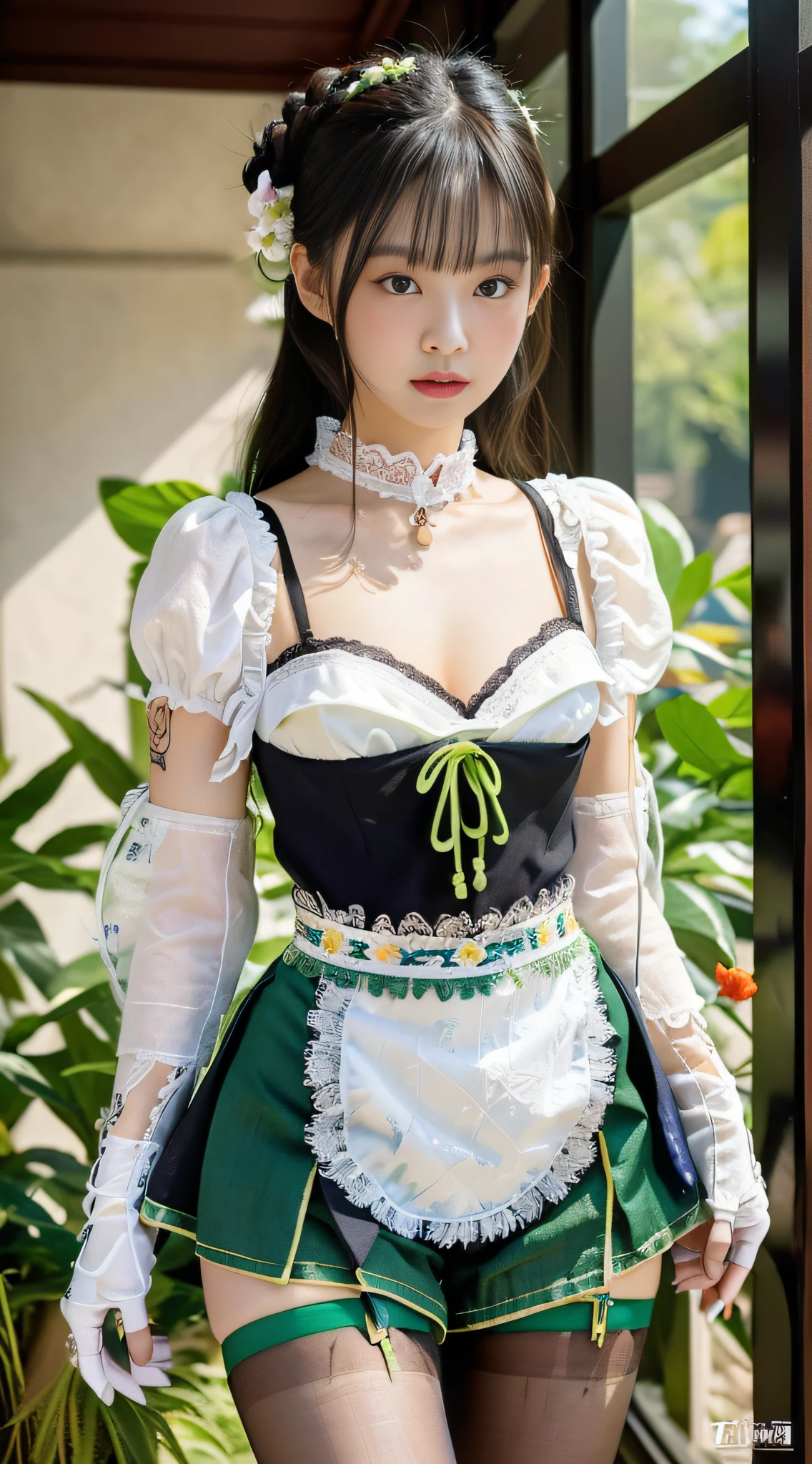 Masterpiece, Superb Painting, Realism, Jennie Avatar, White Hair, Maruko Head, Cosplay, Maid, Cafe, 1 Female, (Hanfu, Exposed, Black Shorts, Embroidery, Flowers, Lace, Decoration, Cleavage, Gloves, Long Legs, White with Green Linen Skirt, Round Neck, Folded Collar),