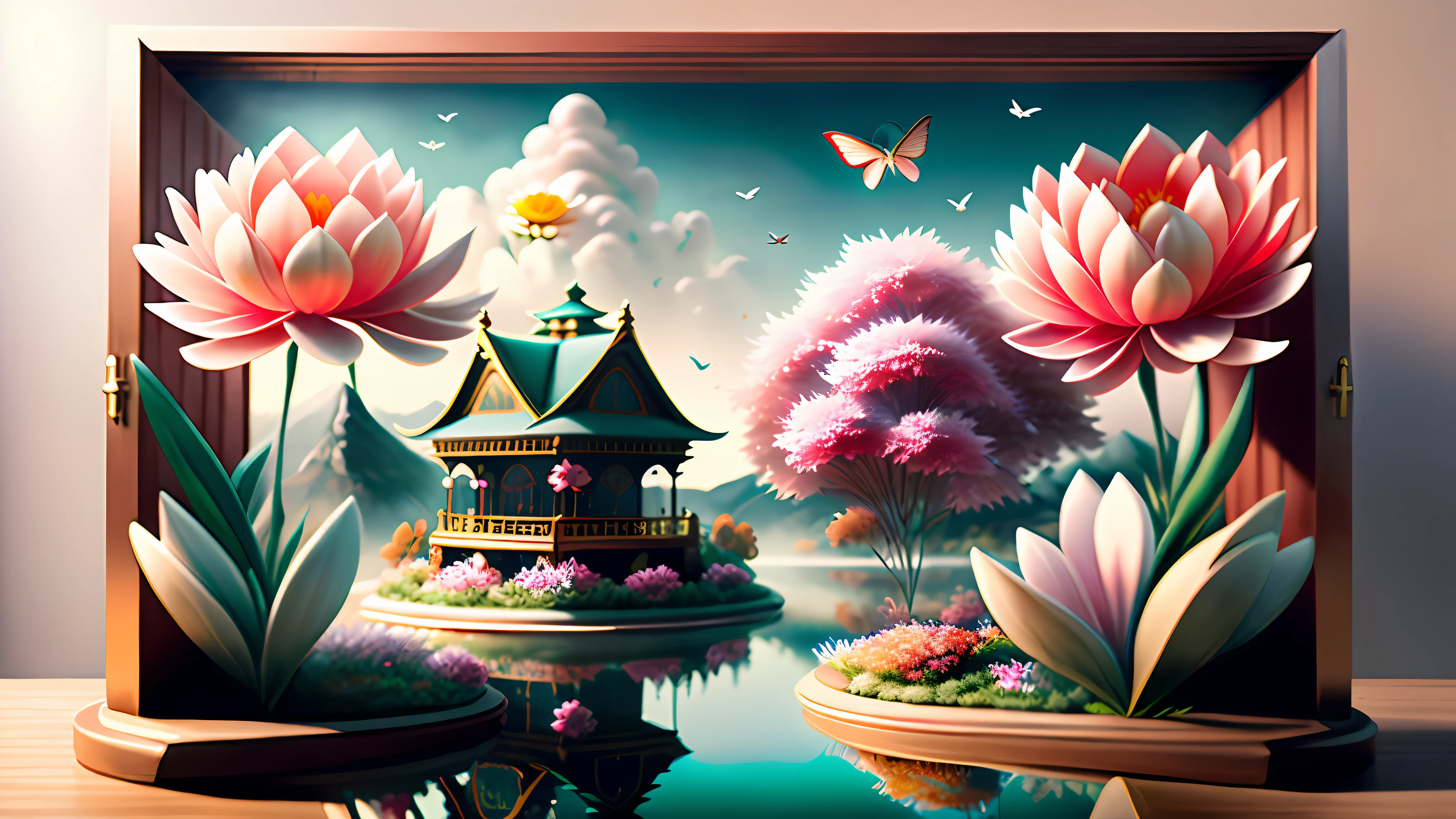 _shuimo_ landscape dreamlikeart, 3d render of,(masterpiece), (extremely detailed CG unity 8k wallpaper), sharp male focus,
in the morning, Red sun, The white clouds,
castle peak, cedar, guest-greeting pine, welcoming pine, pines,
waterfall, The flow of water,
cranes, water birds,
crane, dragon, kirin,
lake, river, the mist,
bridge, the small pavilion, he small attic,
boats,
lotus lotus, leaf, water lily,
Swimming carp, jumping carp,
Peony, bamboo, the plum blossom, The magpies, orchid, chrysanthemum, butterfly,
Windows,
noise reduction, Detail Painting Luki, CG Social Contest winner, Fantasy Art, Voluminous VFX smoke, photo via 5000000px, tetrachromatic, Dipping Gold Powder Gloss Glaze,godlike, dreamlike, octane render global illumination, UHDR, symmetrical artwork,Tyndall light effect.popular on ArtStation, popular on Pixiv,popular on deviantart.