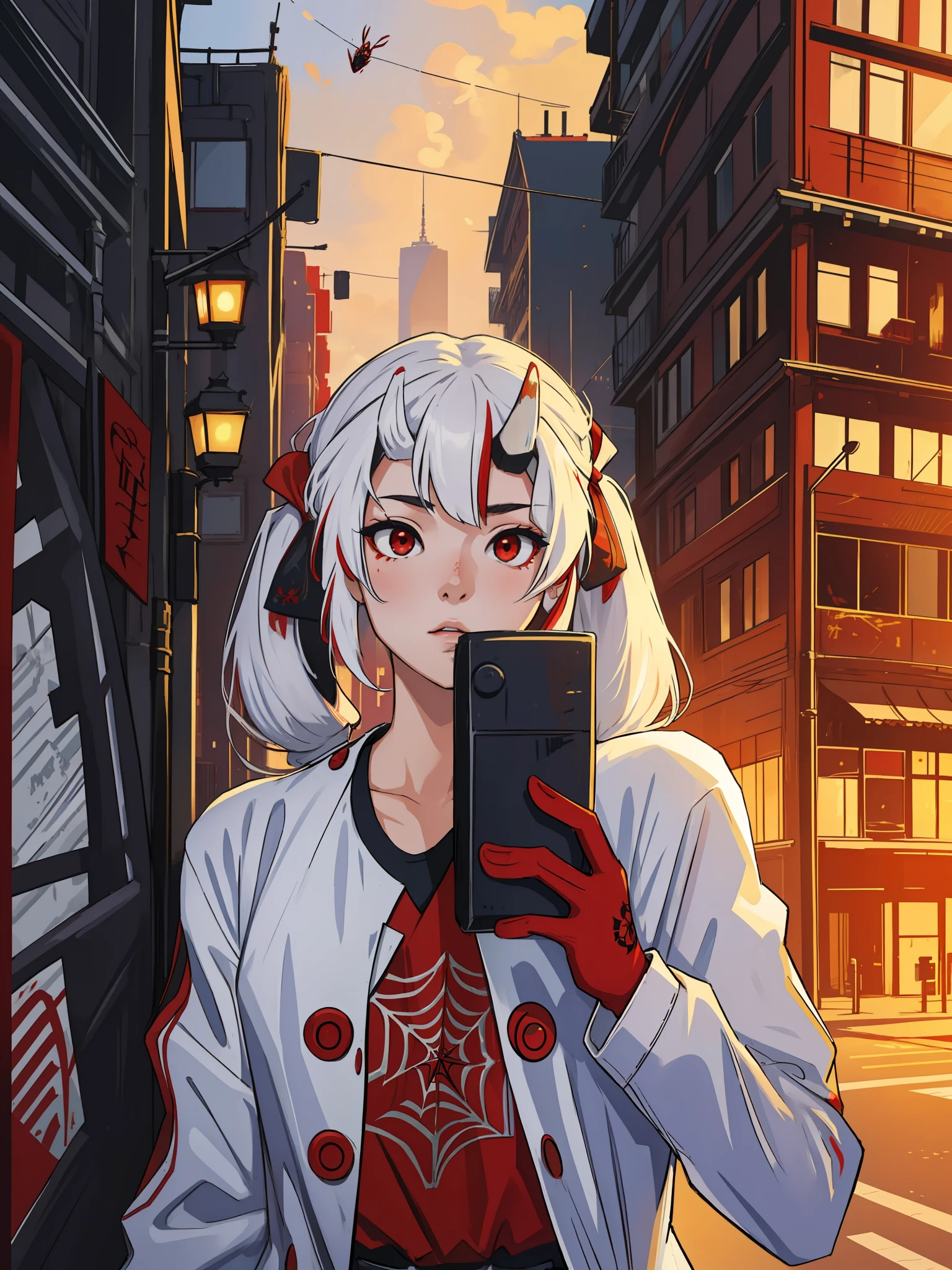 (masterpiece, best quality), intricate details, 8k, artstation, wallpaper, official art, splash art, sharp focus,
1girl, Nakiri Ayame, long hair, twintails, red eyes, white hair,
spider suit, spider web print, spider web,
skyscrappers, city, buildings, cars, street,