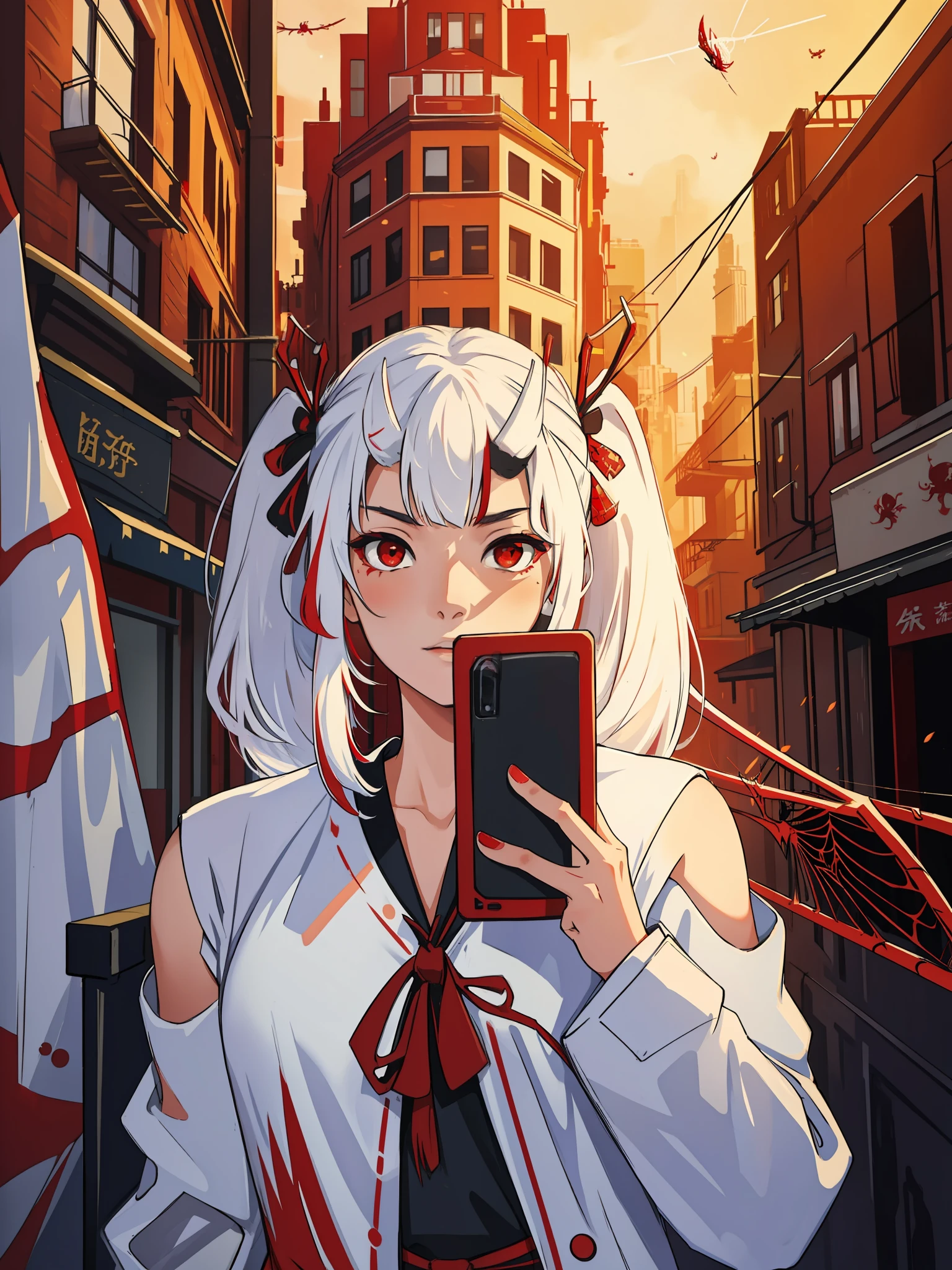 (masterpiece, best quality), intricate details, 8k, artstation, wallpaper, official art, splash art, sharp focus,
1girl, Nakiri Ayame, long hair, twintails, red eyes, white hair,
spider suit, spider web print, spider web,
skyscrappers, city, buildings, cars, street,