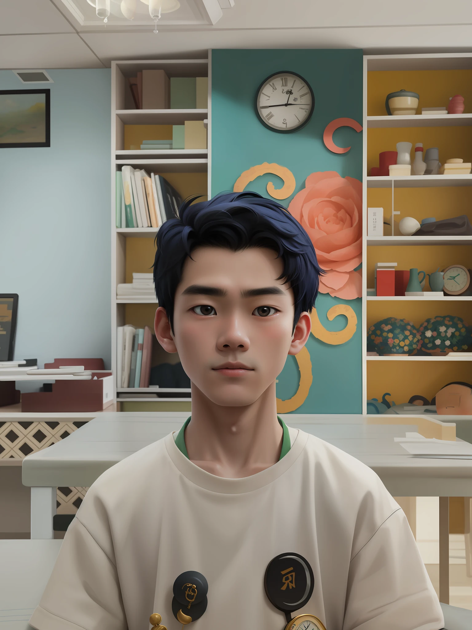 There is a little boy, 13 years old, sitting at a table with clock in the background, inspired by Han Young-ho, Stanley Art Jewel Liu, Cheng Yanjun, Portrait 1 5 year old boy, Ren Hao, Zhongyuan Jung Tae-jun, Lin Wenjun, Wu Xisen, unisex face boy, blurred background, masterpiece, HD 2.5G
