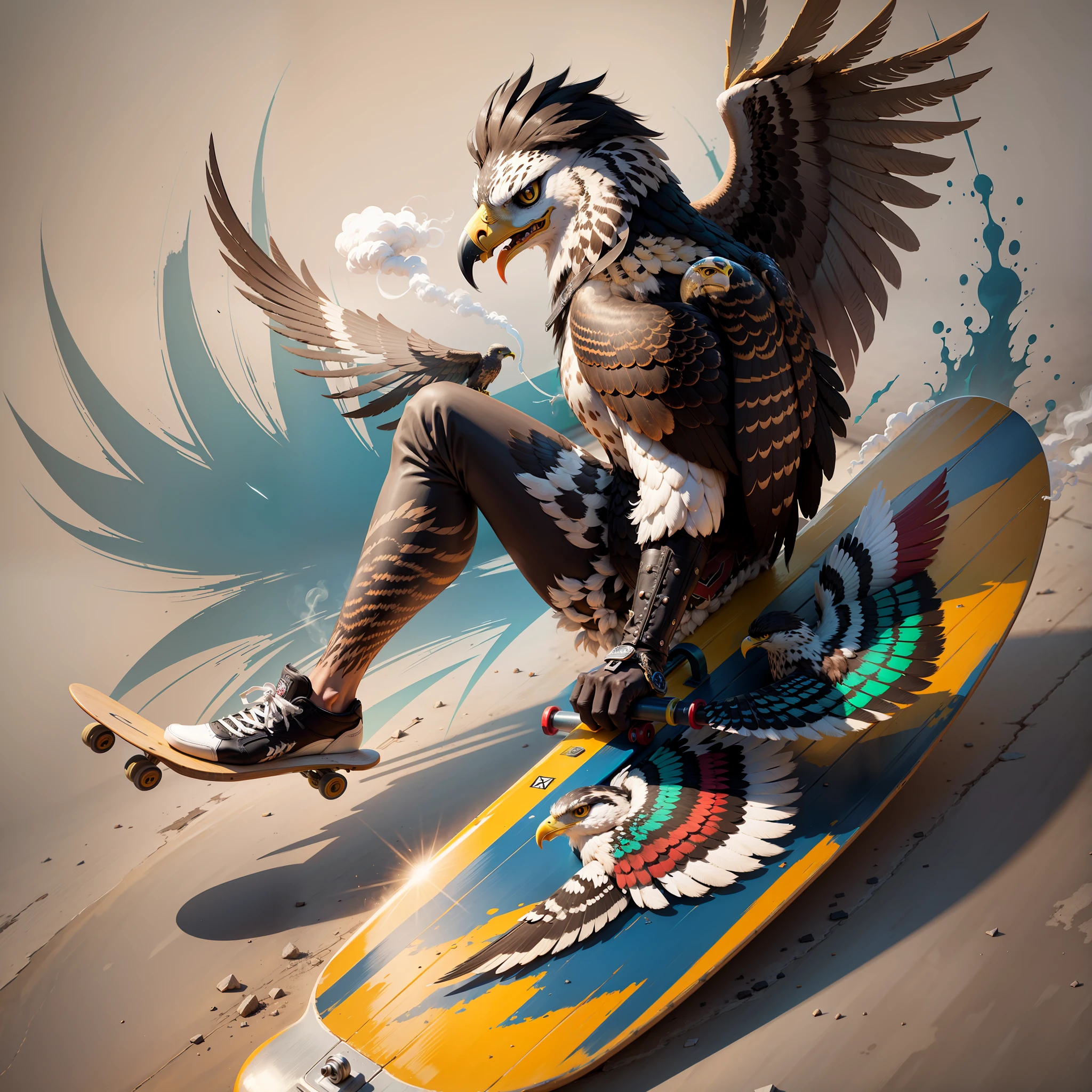 Abystrata art hawk with smoking skateboard