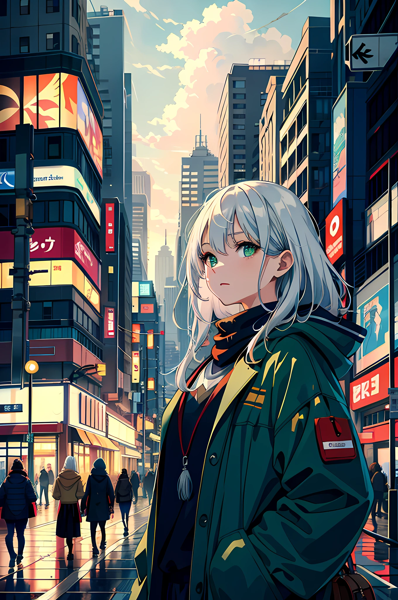 japan, high resolution, highest quality, illustration, ultra detailed, (detailed face), (detailed eyes), soft lighting, best quality, misty glow, dreamy atmosphere, hyper detailed, masterpiece, 1 girl, solo, silver hair, green eyes, knitwear, bright eyes, medium chest, (colored), cowboy shot, outdoors, evening, clouds, high rise buildings in background, industrial, public transportation, urban, buildings concrete, concrete, sidewalk, busy, trees, autumn, falling leaves,