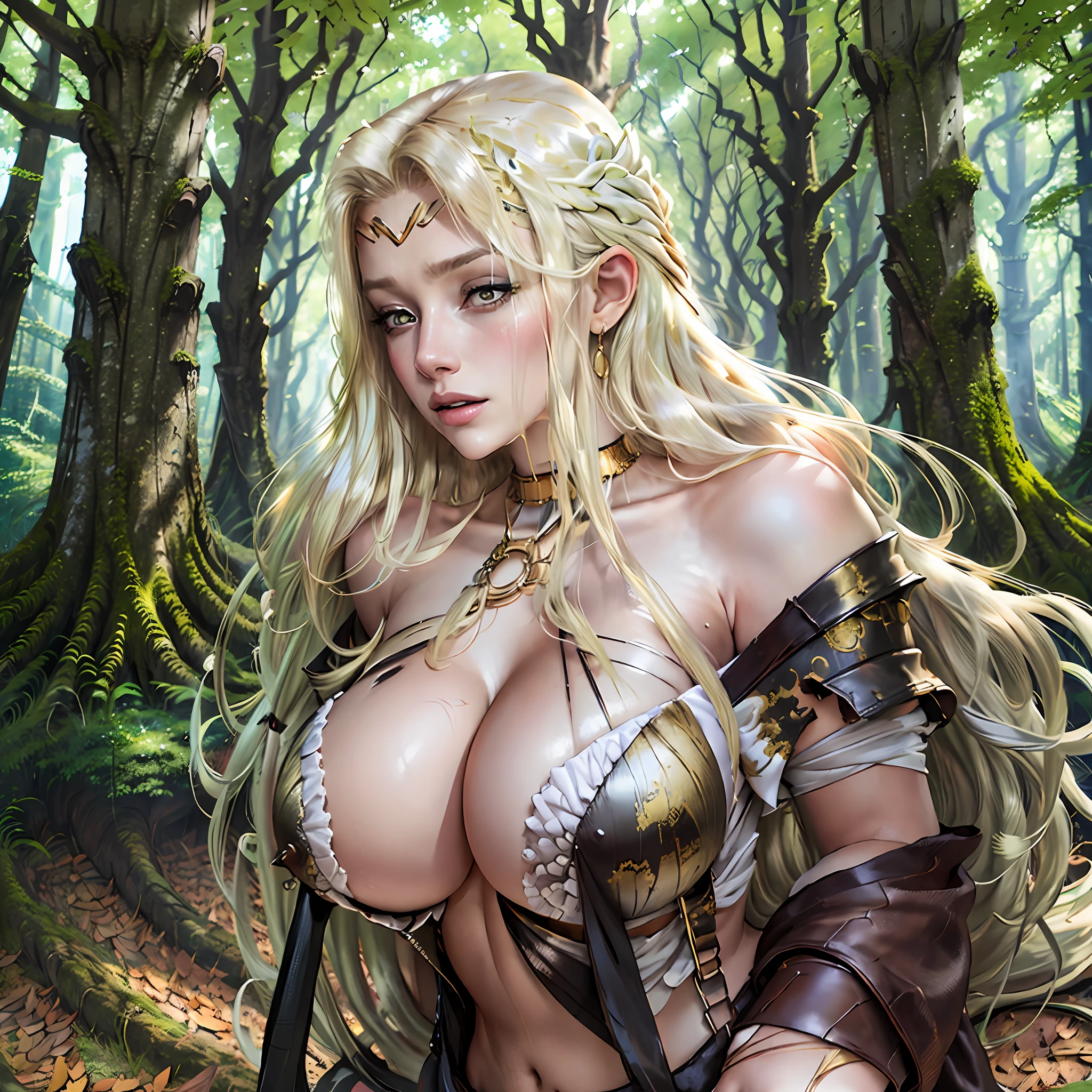 Tall, gorgeous woman with big blonde hair, big boobs in the forest, super realistic and well detailed