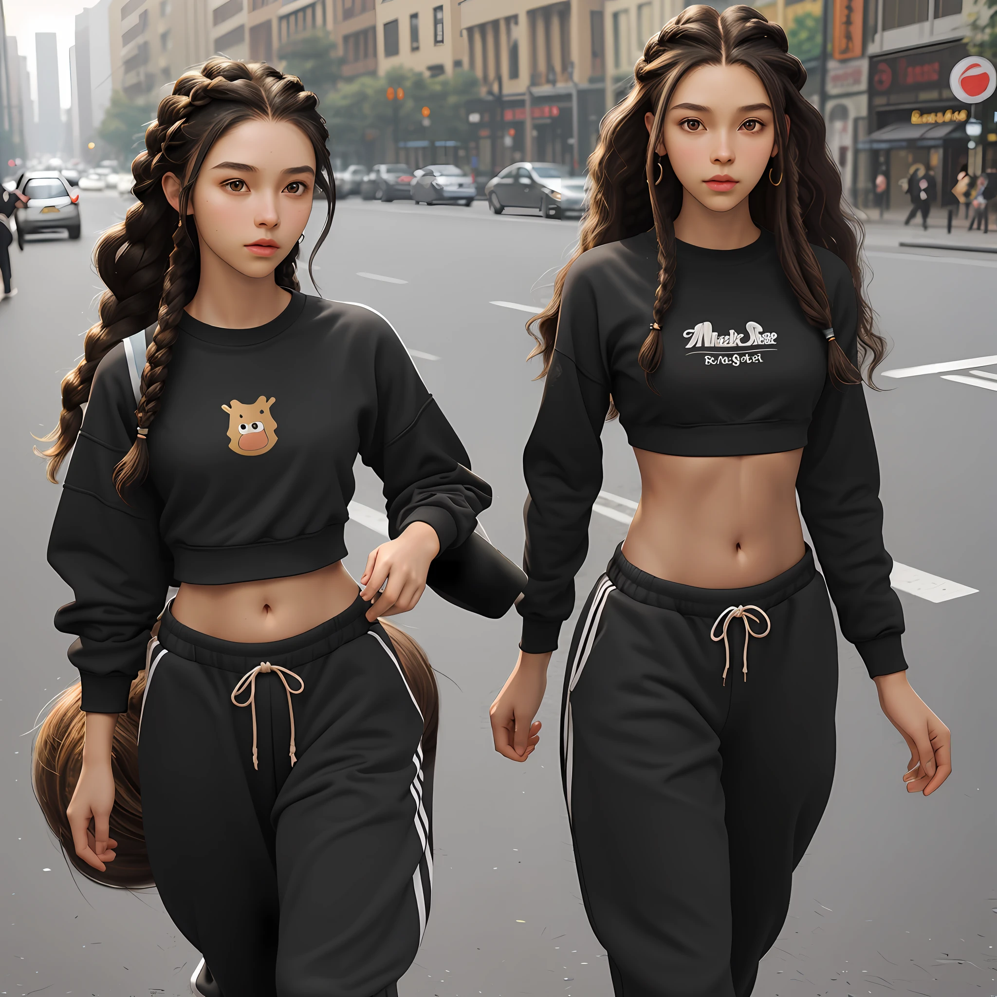 Photorealist, 8k, brunette girl, 21 years old, thin, medium breasts, long hair, African braids, curly hair, hair fulfilled, brown eye, small eyes, thin eyebrows, small mouth, thick lips, black top, sweatpants, belly button out, muscular belly, thin waist, large trasero, walking down the street