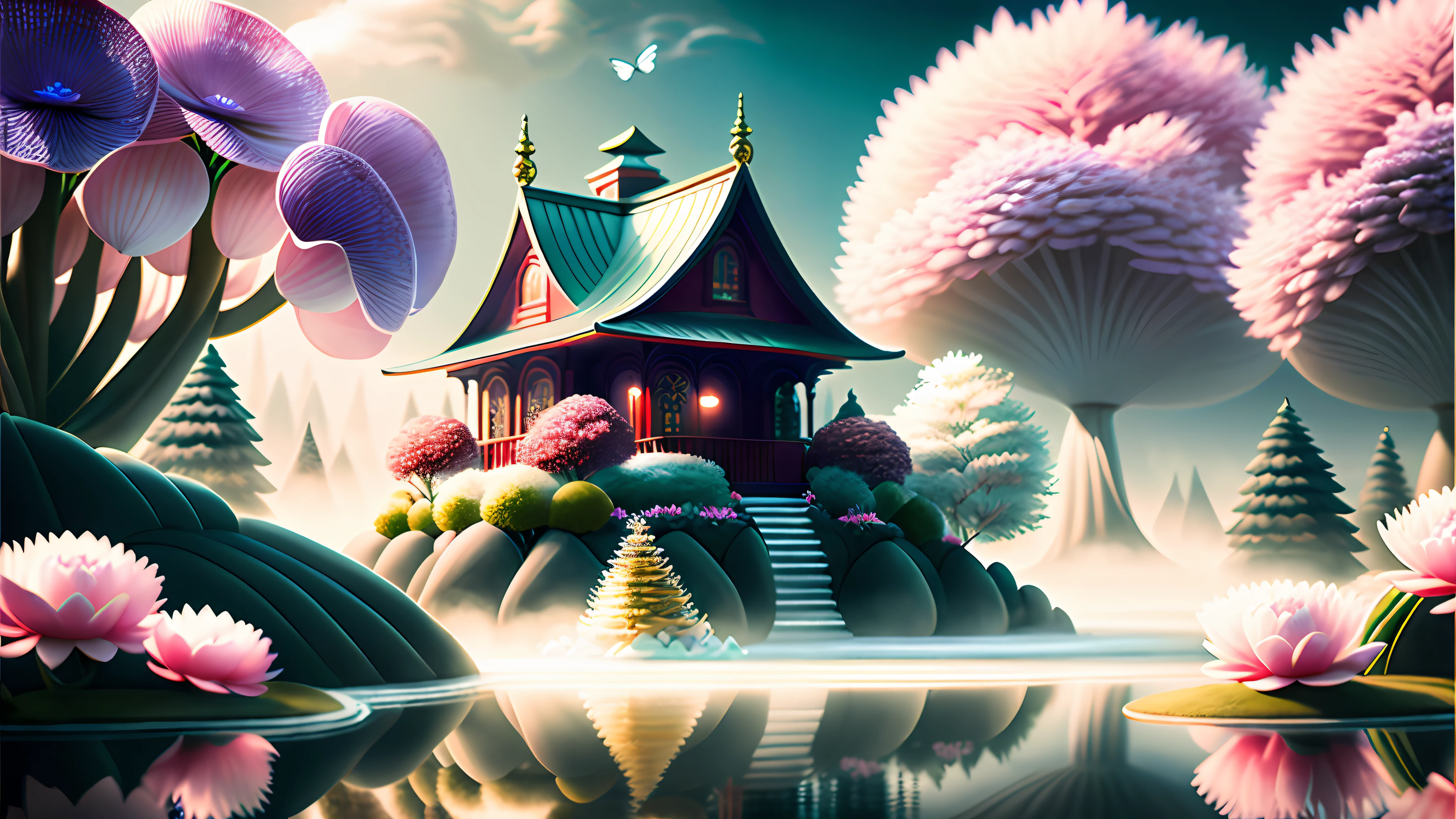 _shuimo_ landscape dreamlikeart, 3d render of,(masterpiece), (extremely detailed CG unity 8k wallpaper), sharp male focus,
in the morning, Red sun, The white clouds,
castle peak, cedar, guest-greeting pine, welcoming pine, pines,
waterfall, The flow of water,
cranes, water birds,
crane, dragon, kirin,
lake, river, the mist,
bridge, the small pavilion, he small attic,
boats,
lotus lotus, leaf, water lily,
Swimming carp, jumping carp,
Peony, bamboo, the plum blossom, The magpies, orchid, , butterfly,
Wis,
noise reduction, Detail Painting Luki, CG Social Contest winner, Fantasy Art, Voluminous VFX smoke, photo via 5000000px, tetrachromatic, Dipping Gold Powder Gloss Glaze,godlike, dreamlike, octane render global illumination, UHDR, symmetrical artwork,Tyndall light effect.popular on ArtStation, popular on Pixiv,popular on deviantart.