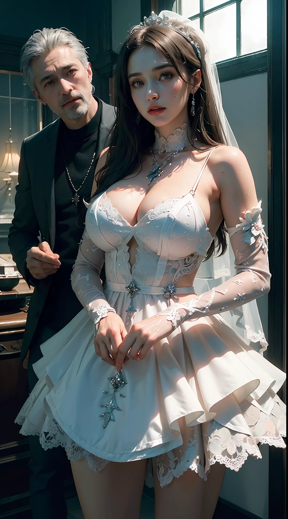 ((Best quality)), ((masterpiece)), (detailed:1.4), male and female couple, 3D, an image of a sweet young couple wearing wedding outfits, HDR (High Dynamic Range),Ray Tracing,NVIDIA RTX,Super-Resolution,Unreal 5,Subsurface scattering,PBR Texturing,Post-processing,Anisotropic Filtering,Depth-of-field,Maximum clarity and sharpness,Multi-layered textures,Albedo and Specular maps,Surface shading,Accurate simulation of light-material interaction,Perfect proportions,Octane Render,Two-tone lighting,Wide aperture,Low ISO,White balance,Rule of thirds,8K RAW,