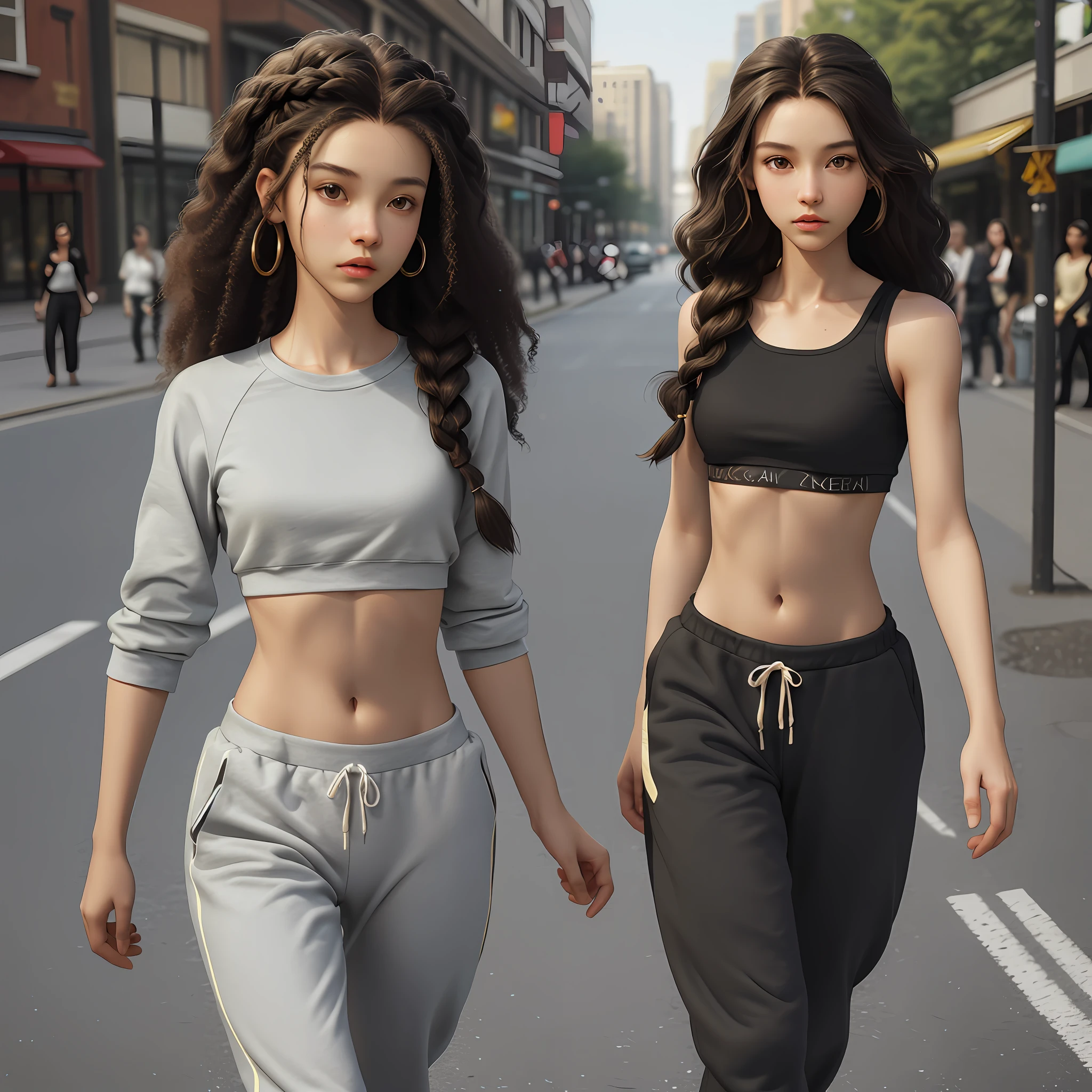 Photorealist, 8k, brunette girl, 21 years old, thin, medium breasts, long hair, African braids, curly hair, hair fulfilled, brown eye, small eyes, thin eyebrows, small mouth, thick lips, black top, sweatpants, belly button out, muscular belly, thin waist, large trasero, walking down the street