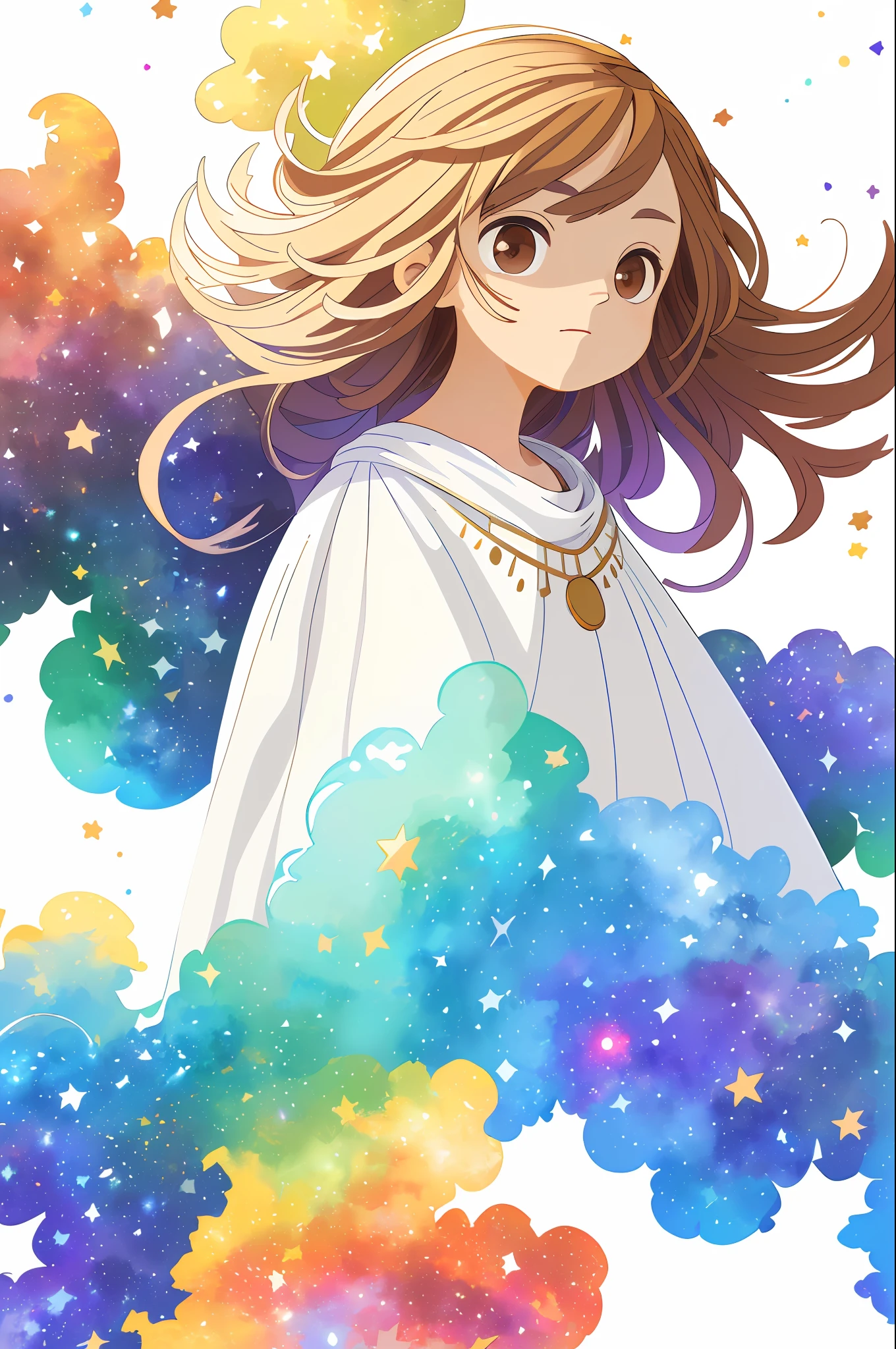 ((masterpiece)), (((best quality))), ((ultra-detailed)), ((illustration)),[realistic light effect],shadow,(fantasy style),(white background:1.6), simple background, (earth theme),(a cloak)[(hair focus,((1girl)),[(big slime hair): (cloudy hair):0.3], (hair in the background),(high saturation),(hair surrounded by galaxy splashes),)):((your hair is becoming galaxy clouds,:1.27628), (hair and clothes are galaxy clouds and star cluster:1.1025),  (a mantle is becoming clouds of galaxies) (colorful_galaxy_print_clusters_of_stars_print:1.35),((Detailed starry sky with colorful clouds of galaxies and galaxies):1.2):0.35], ((masterpiece))),((best quality)),((ultra-detailed)),(illustration),(dynamic angle),((floating)),(painting),((shaggy hair)),((beautiful detailed face)),necklace,bare shoulders, (((straight colored hair)),((striped hair)),beautiful detailed eyes,((brown eyes))),((colored background)),((colored background)),((high saturation))),((surrounded by colored splashes))),((surrounded by colored dot))),colored bubble,((bright)),