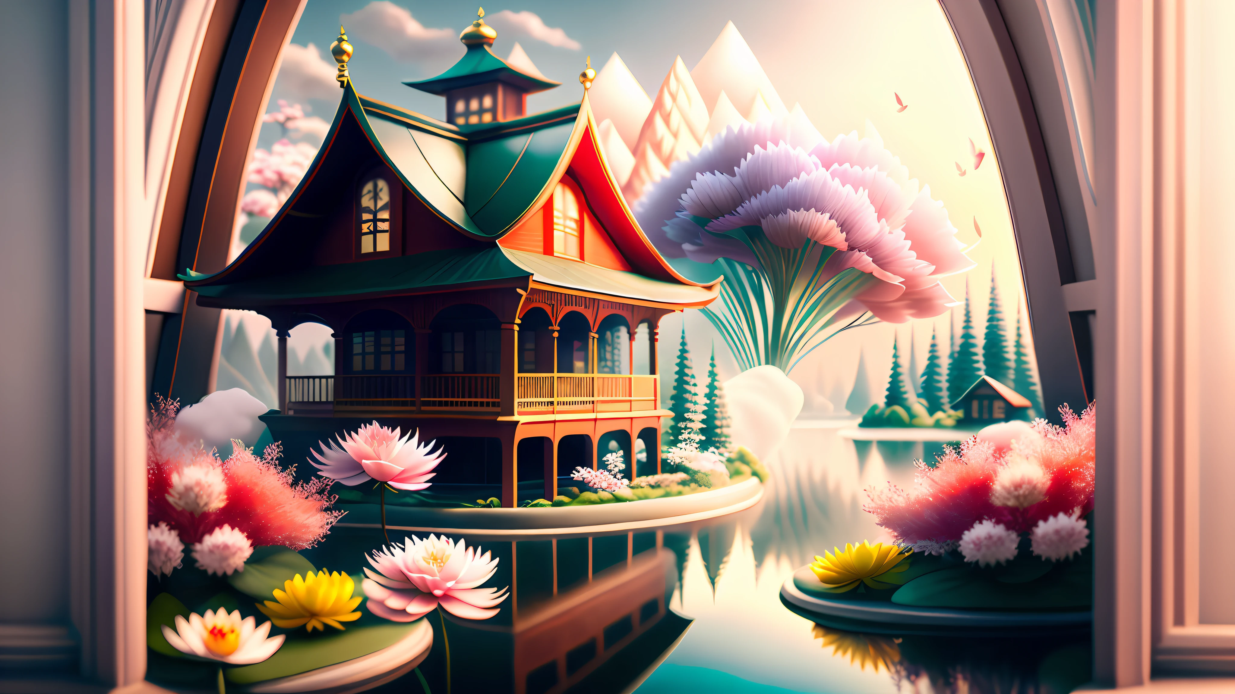 _shuimo_ landscape dreamlikeart, 3d render of,(masterpiece), (extremely detailed CG unity 8k wallpaper), sharp male focus, 

in the morning, Red sun, The white clouds,
castle peak, cedar, guest-greeting pine, welcoming pine, pines, 
waterfall, The flow of water, 
cranes, water birds, 
crane, dragon, kirin, 
lake, river, the mist, 
bridge, the small pavilion, he small attic, 
boats, 
lotus lotus, leaf, water lily, 
Swimming carp, jumping carp, 
Peony, bamboo, the plum blossom, The magpies, orchid, chrysanthemum, butterfly,
Windows, 

noise reduction, Detail Painting Luki, CG Social Contest winner, Fantasy Art, Voluminous VFX smoke, photo via 5000000px, tetrachromatic, Dipping Gold Powder Gloss Glaze,godlike, dreamlike, octane render global illumination, UHDR, symmetrical artwork,Tyndall light effect.popular on ArtStation, popular on Pixiv,popular on deviantart.