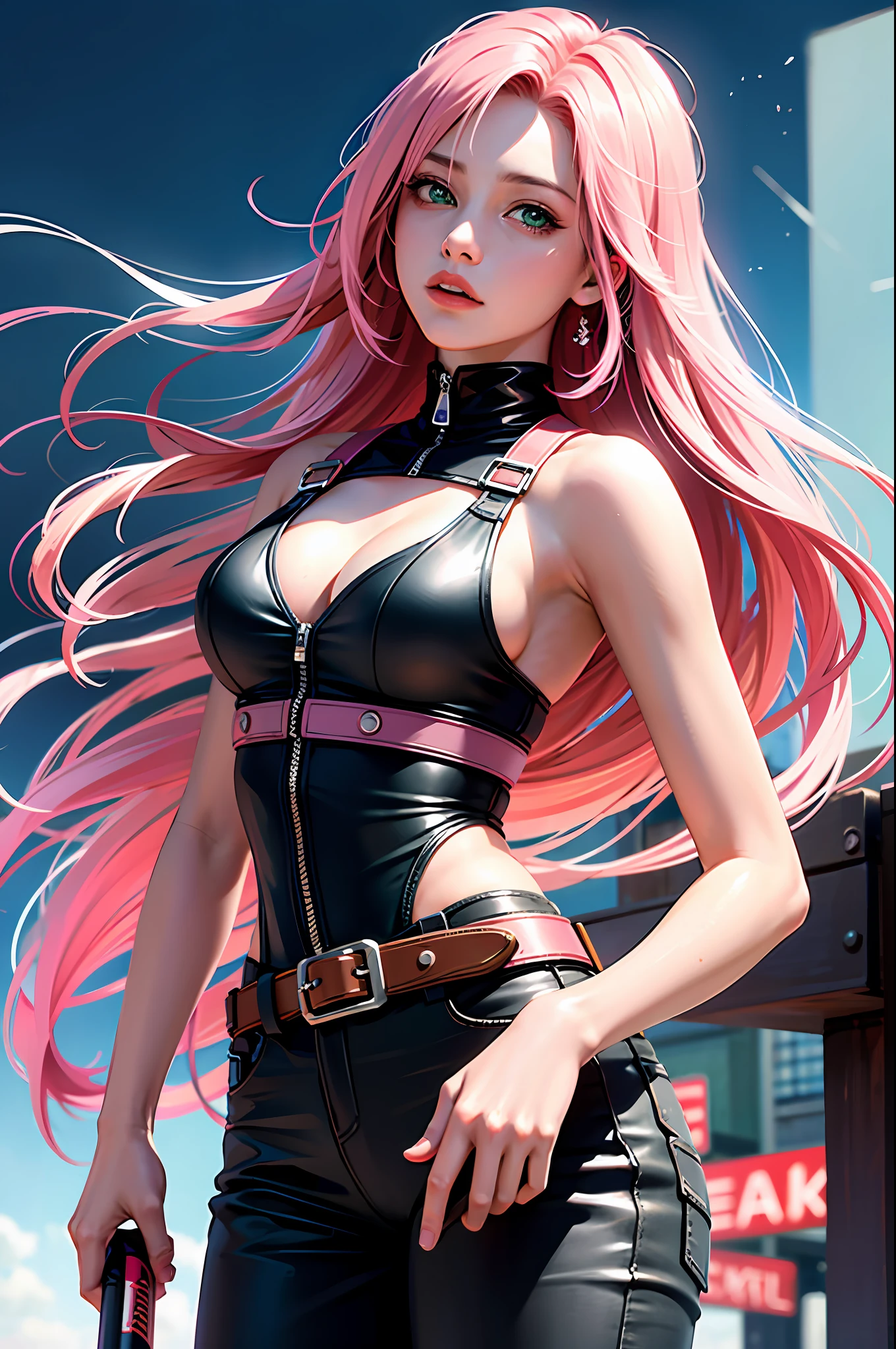 (masterpiece), (best quality), realistic, cinematic light, girl, (1 girl), solo, Sakura Haruno, cool pose, battlefield background, perfect body, green eyes, pink hair