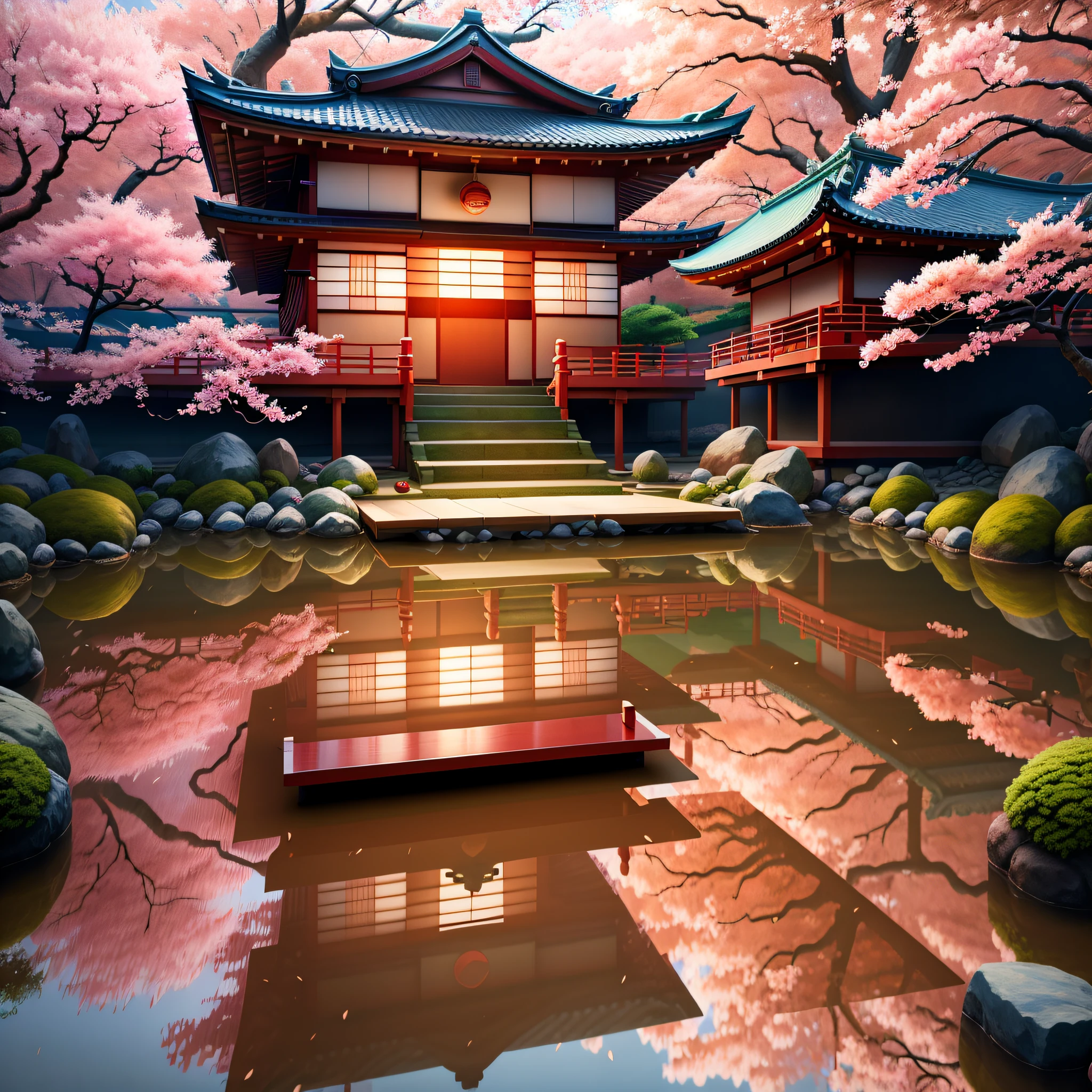 (digital painting), (best quality), serene Japanese garden, cherry blossoms in full bloom, koi pond, catwalk, pagoda, Ukiyo-e art style, Hokusai inspiration, popular Deviant Art, ultra-realistic 8k, pastel color scheme, soft lighting, golden hour, tranquil environment, 3d landscape orientation