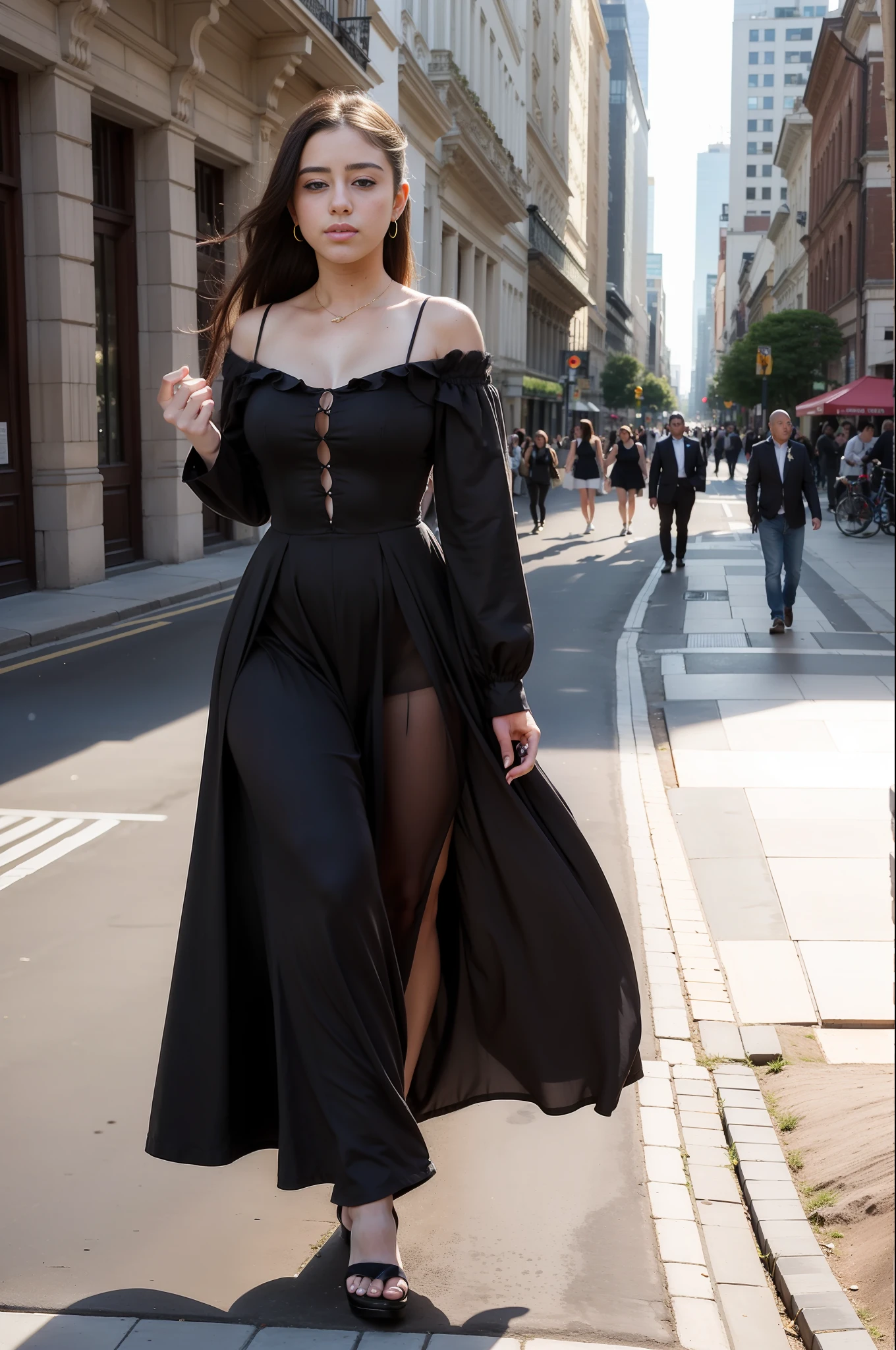 "((masterpiece)), best quality, sensual Victorian dress, happy and elegant Lauren Jauregui strolling through a lively city, wide shot, exciting scenery in the background, golden light, soft shadows."