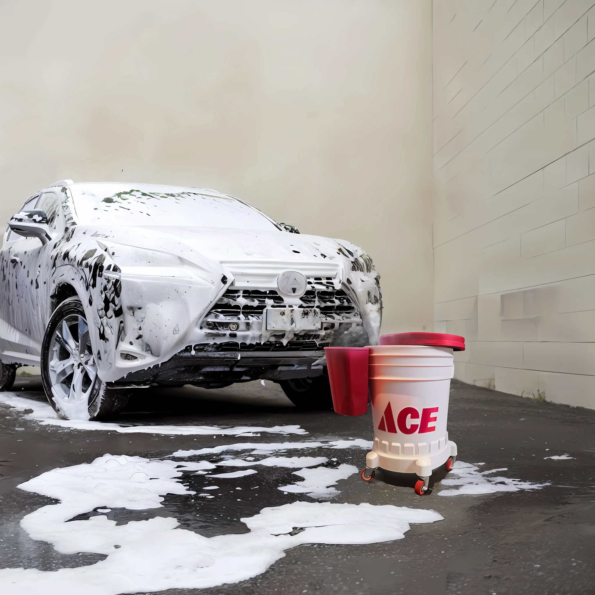 arafed car covered in snow next to a bucket of ice, wash, wash off in the rain, foam, 1614572159, dry brush wash, extreme detailing, hyper realistic”, hyper realistic ”, 4 0 9 6, splash image, “hyper realistic, nice face, masterpiece work of art, car commercial photograph --auto --s2