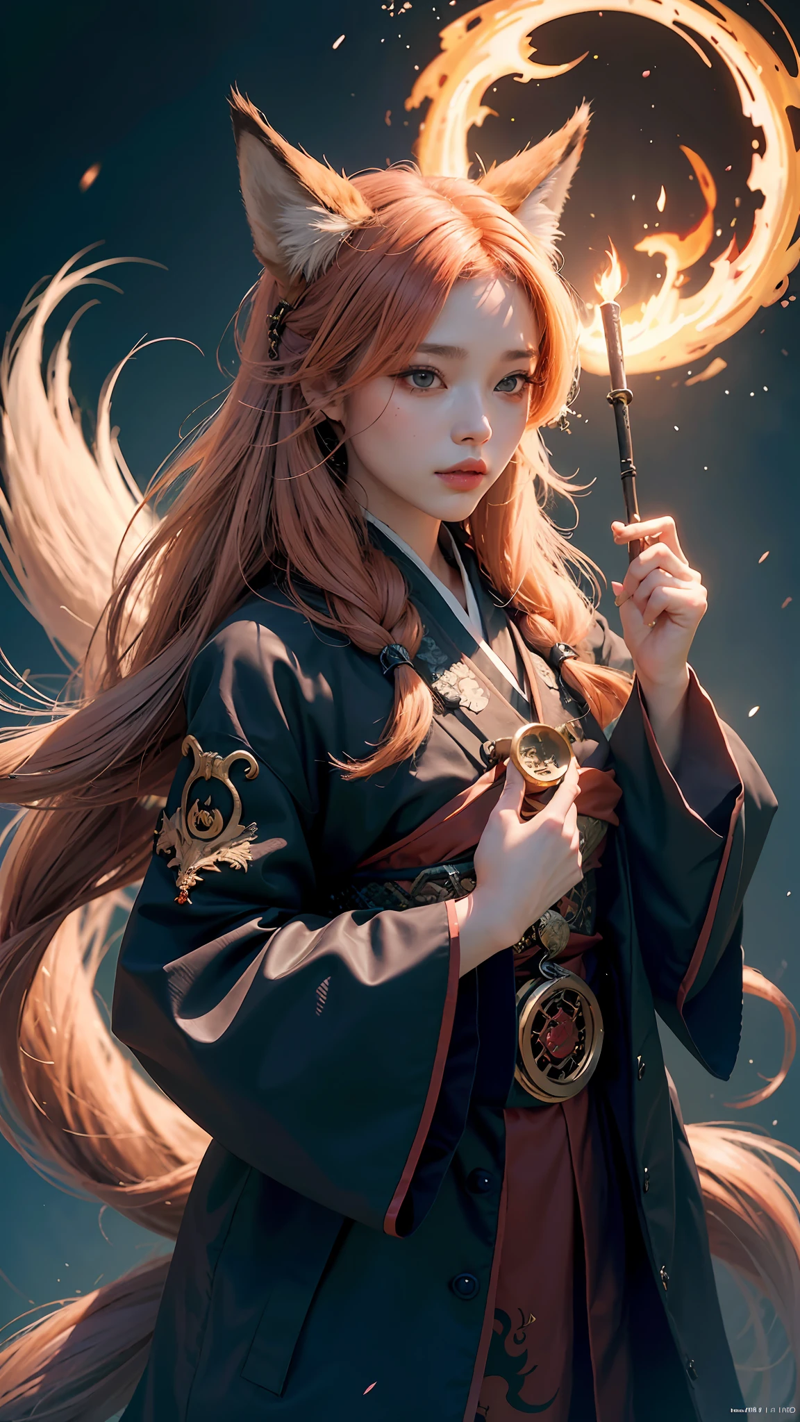 1girl,solo,
official art, unity 8k wallpaper, ultra detailed, beautiful and aesthetic, beautiful, masterpiece, best quality,
Kitsune witch, fox mask, haori jacket, foxfire spell, fox familiar, transformation,