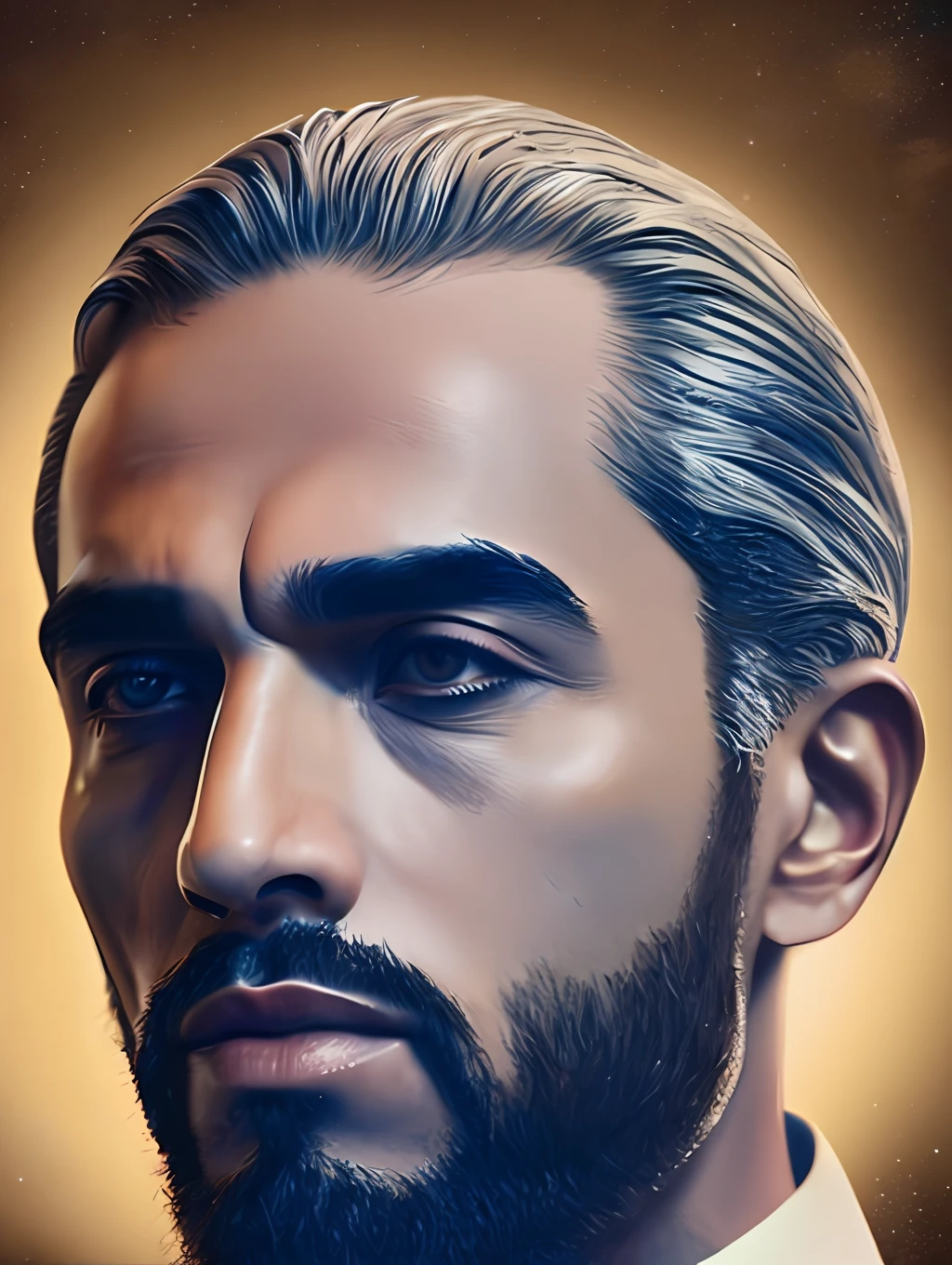 Latin man 40 years, black short hair, detailed face, beautiful face, upper body, 3/4 flat, (closeup:0.9), (skin pores:1.1), 4k, hyper-realism, realistic, hyper-realistic, high resolution, in the artistic style of Filip Hodas, 35mm lens, cinematic, soft lighting, realistic epic, faded, ((neutral colors)), (hdr:1.5), soft colors, pastel, warm lights, dramatic light, complex background,  (by Irakli Nadar), rutkowski, complex details, hyperdetailed, magnificent, elegant, cinematography, serene face, Religious suit, weightless flowing hair, steampunk starry sky in the background, a moon eclipse in the background,